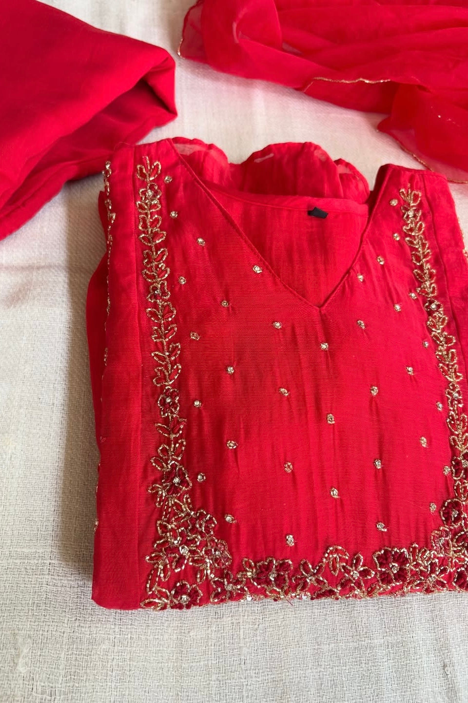 “Ayza” Pre Booking Premium Red Mul Chanderi A Line Suit set 🛍️