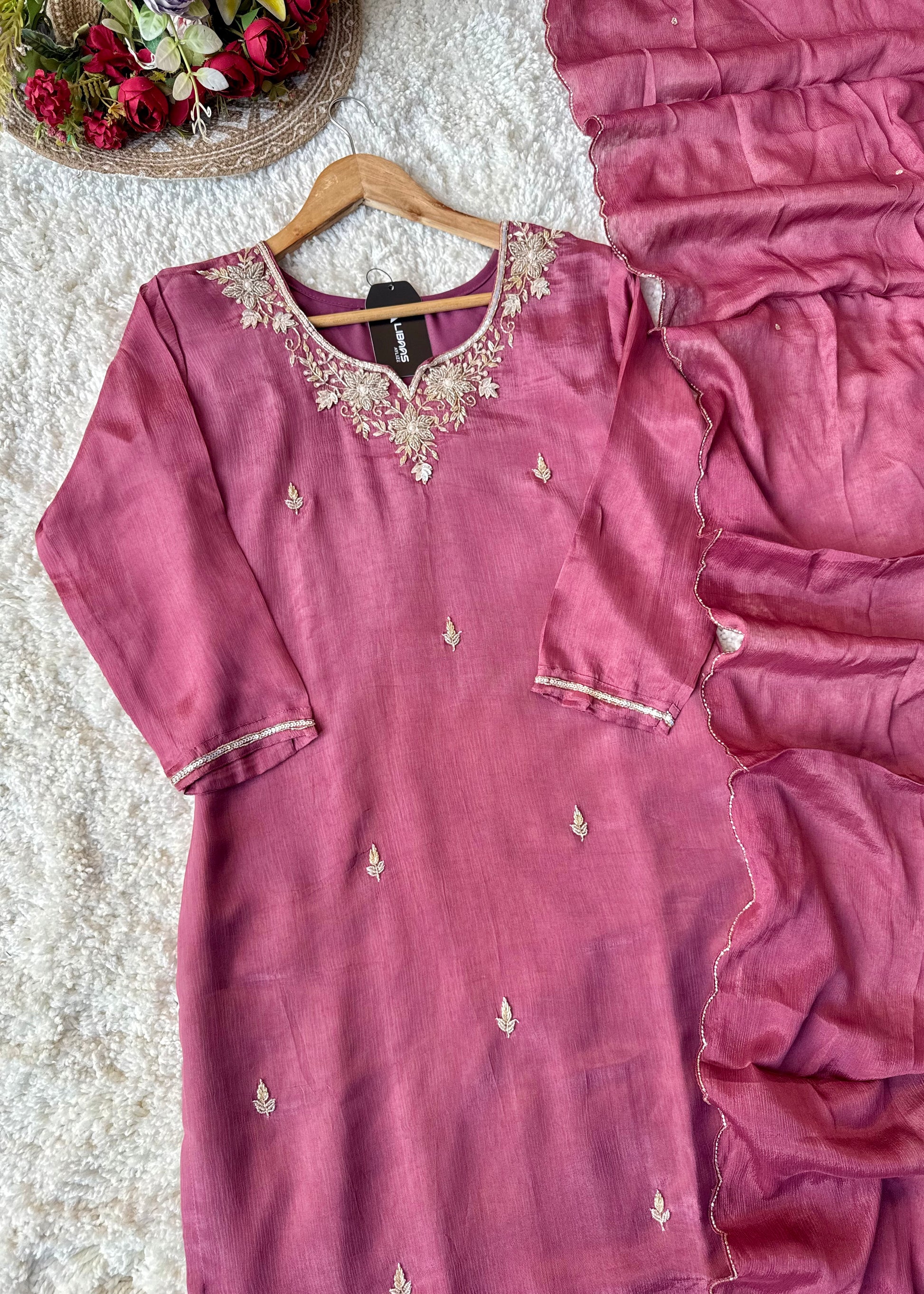 ✨ “Aaliya – Premium Mauve Plum Chinnon handwork straight kurta set