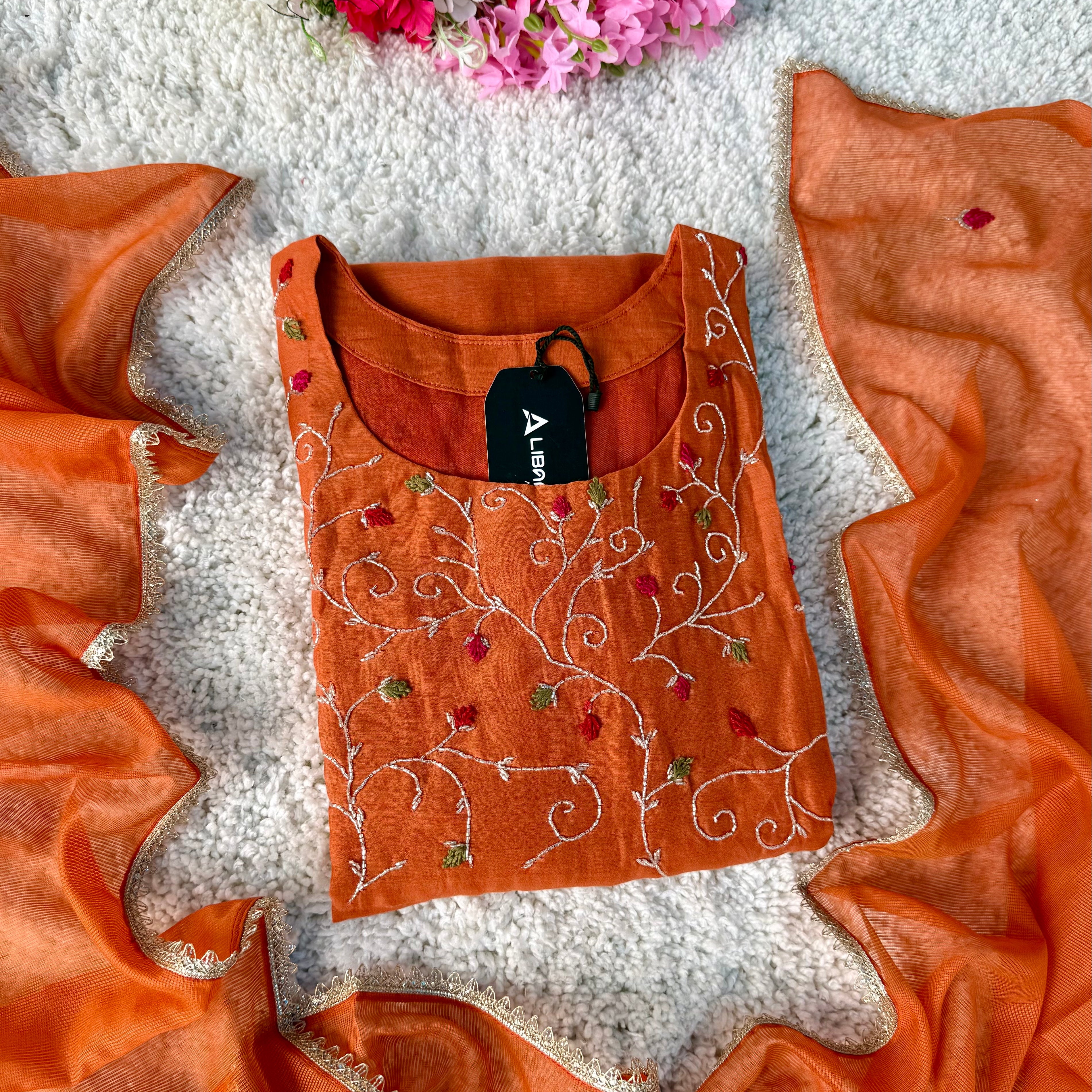 ✨AZ03 - Beautiful Rust Orange Mul Chanderi A Line Kurta set
