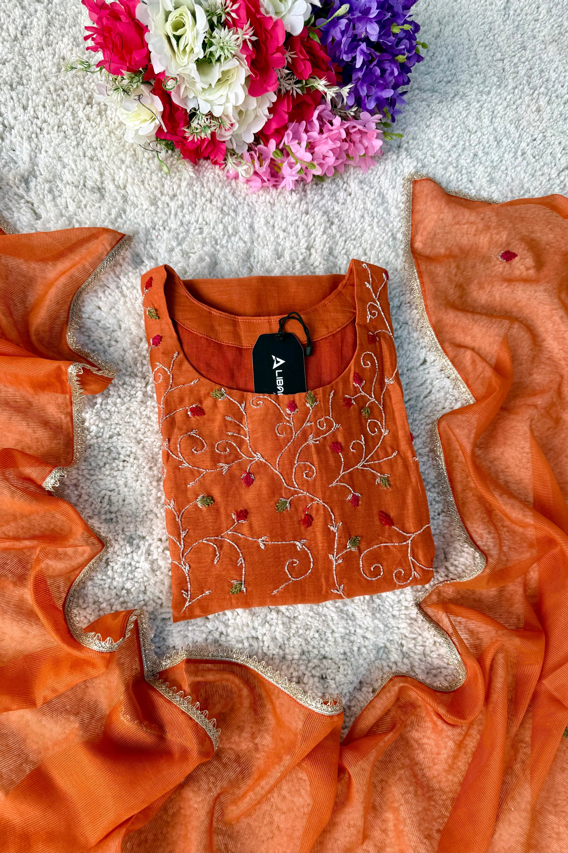 ✨AZ03 - Beautiful Rust Orange Mul Chanderi A Line Kurta set