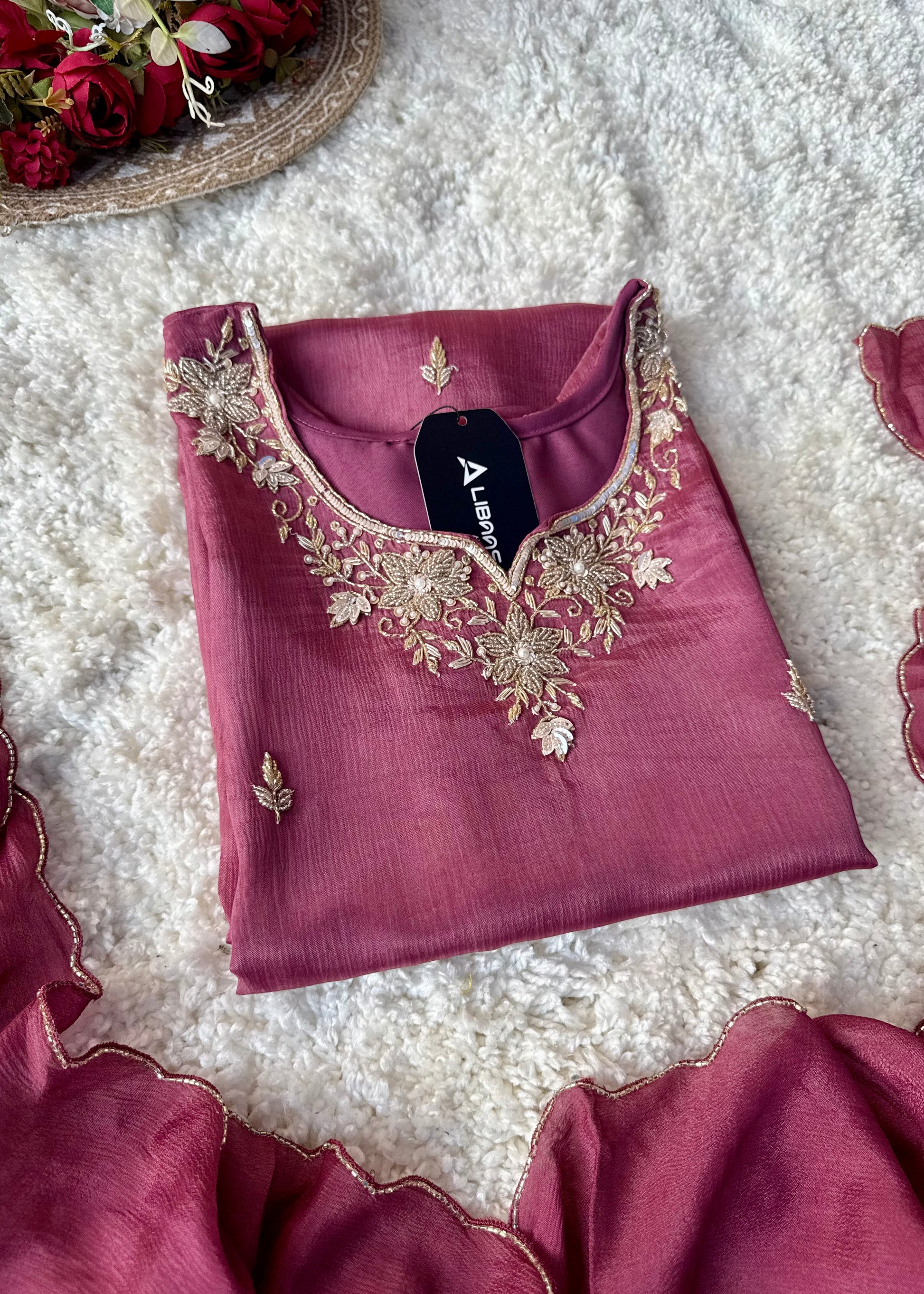 ✨ “Aaliya – Premium Mauve Plum Chinnon handwork straight kurta set