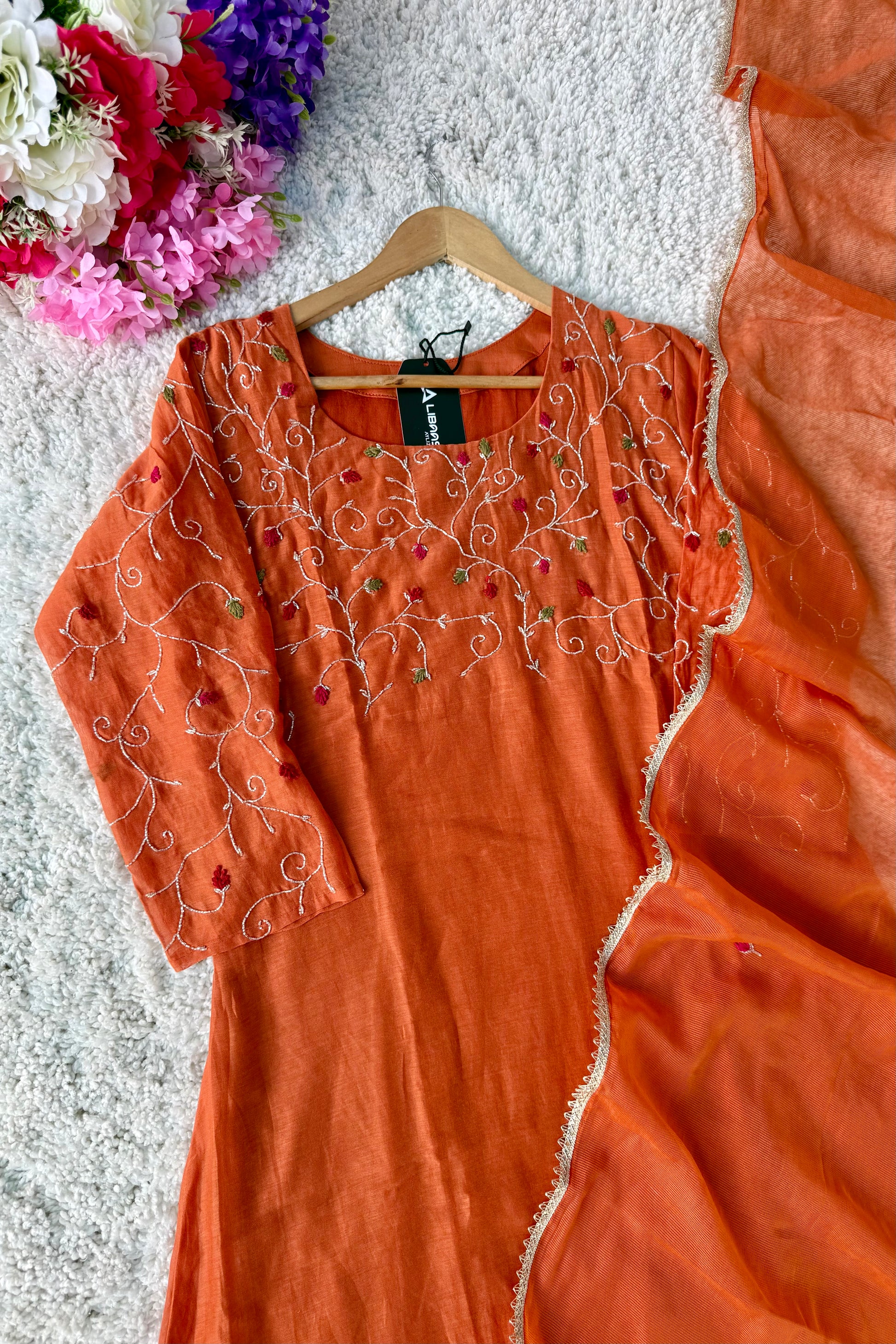 ✨AZ03 - Beautiful Rust Orange Mul Chanderi A Line Kurta set