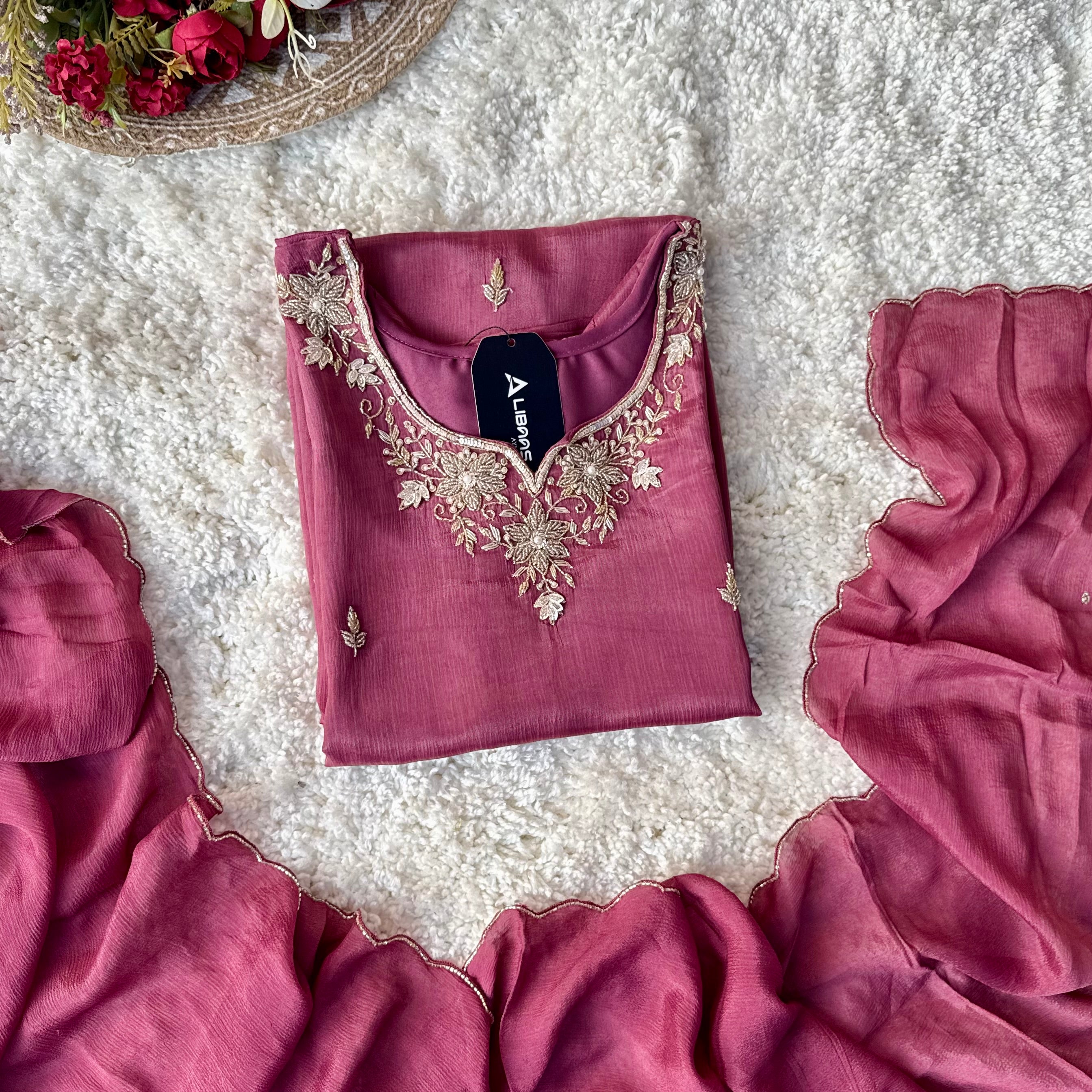 ✨ “Aaliya – Premium Mauve Plum Chinnon handwork straight kurta set