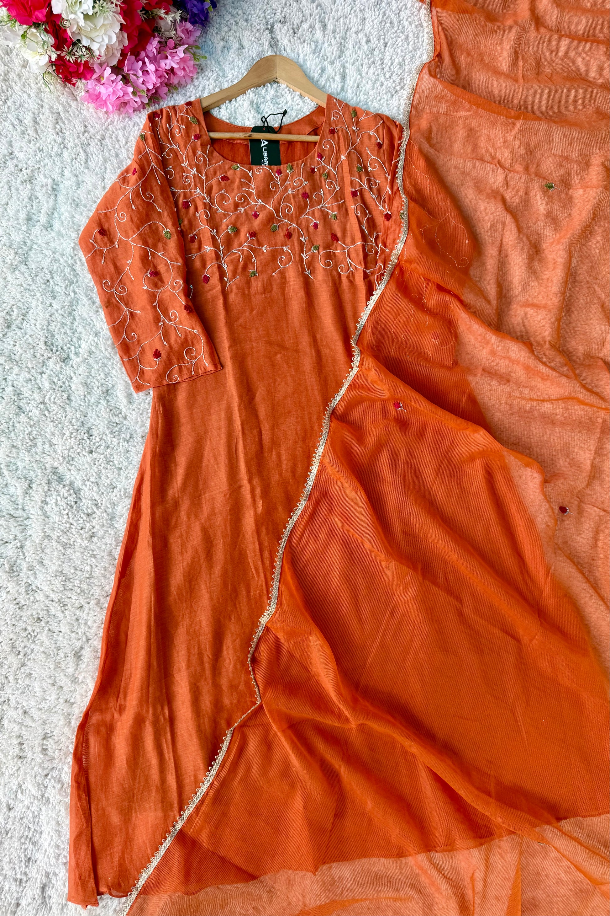 ✨AZ03 - Beautiful Rust Orange Mul Chanderi A Line Kurta set