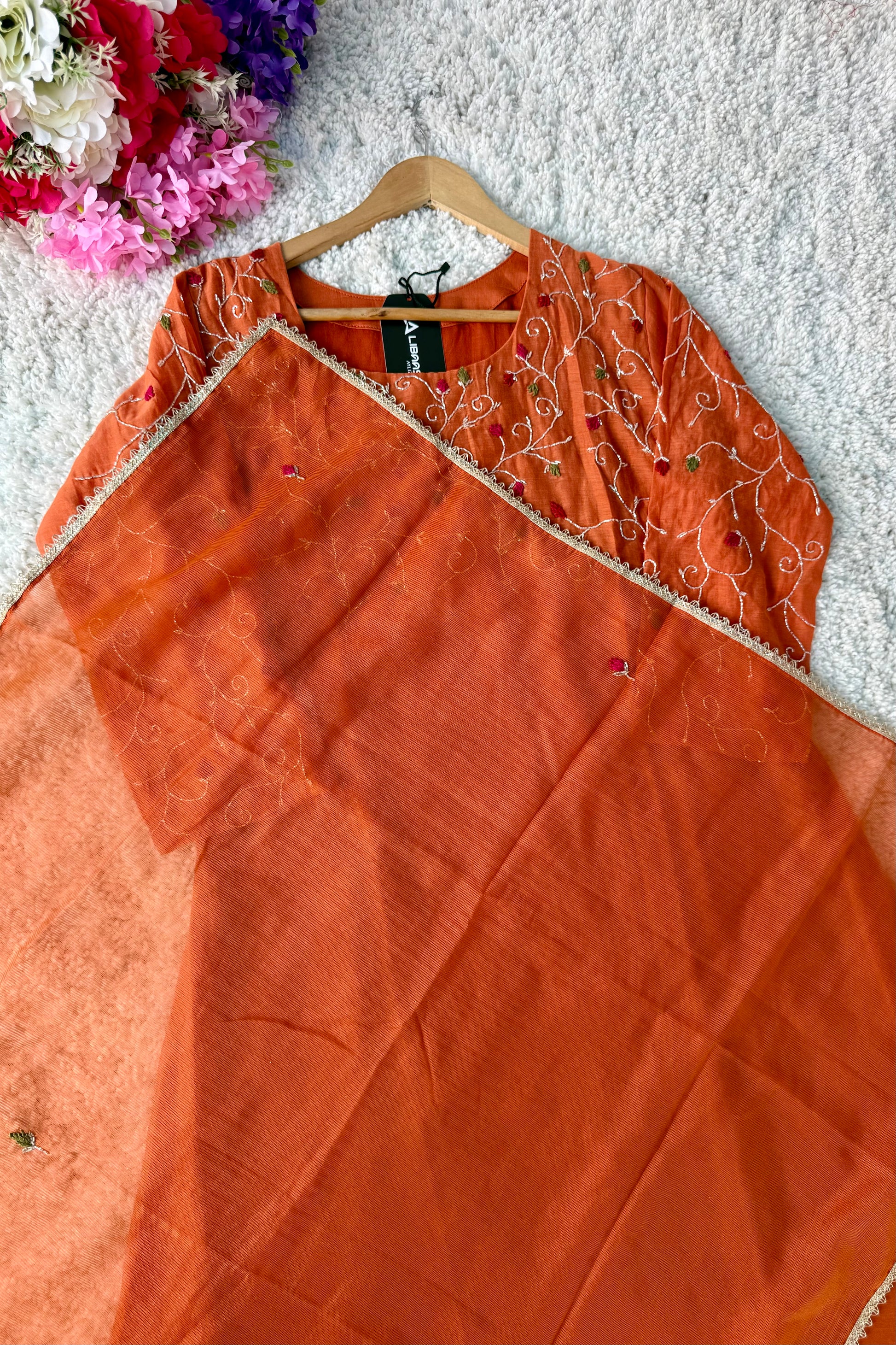 ✨AZ03 - Beautiful Rust Orange Mul Chanderi A Line Kurta set