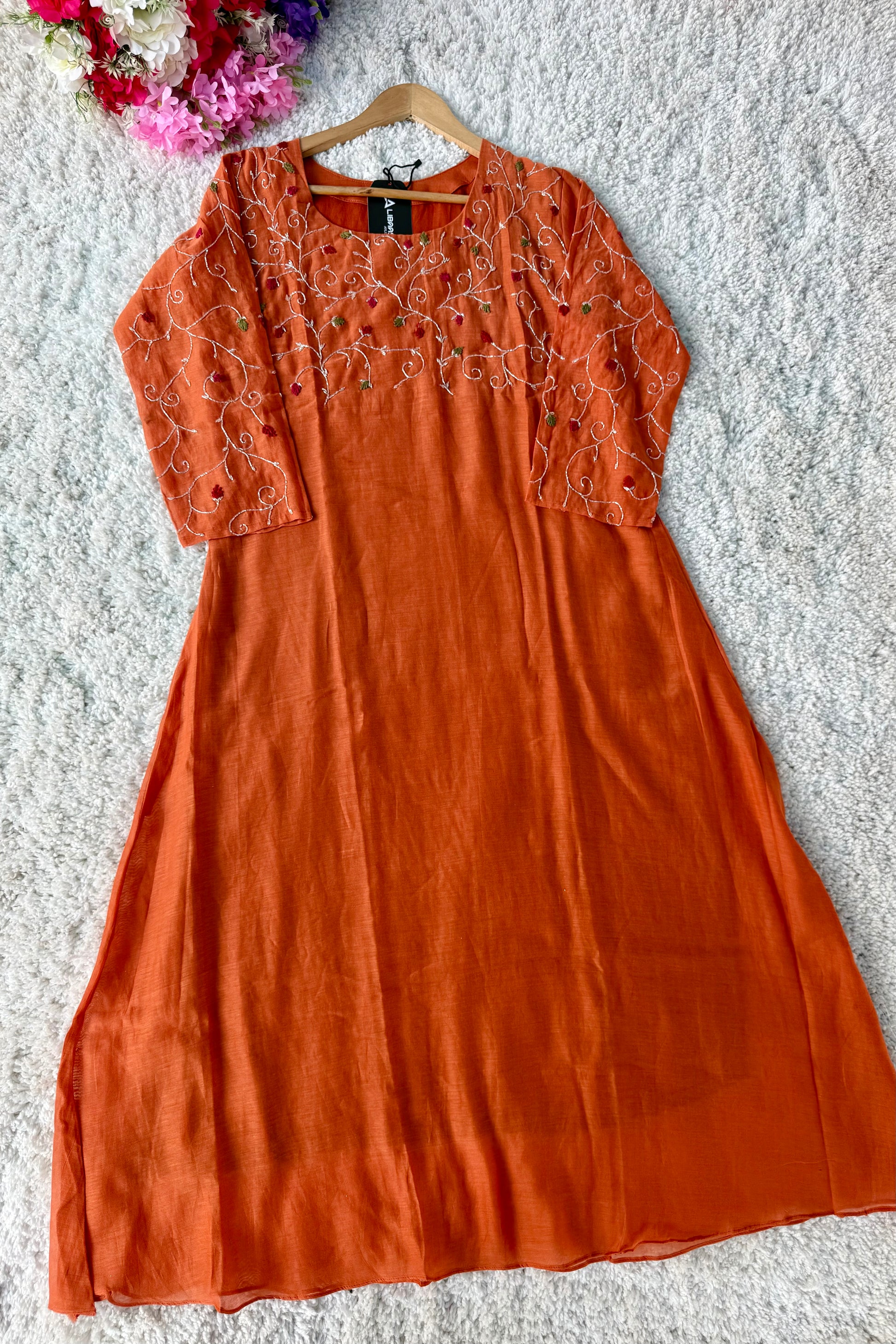 ✨AZ03 - Beautiful Rust Orange Mul Chanderi A Line Kurta set