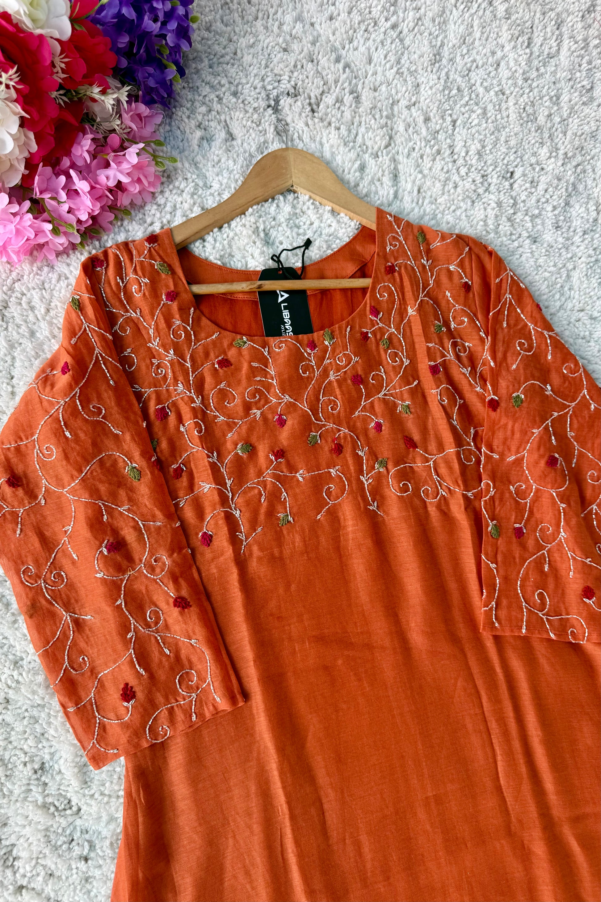 ✨AZ03 - Beautiful Rust Orange Mul Chanderi A Line Kurta set