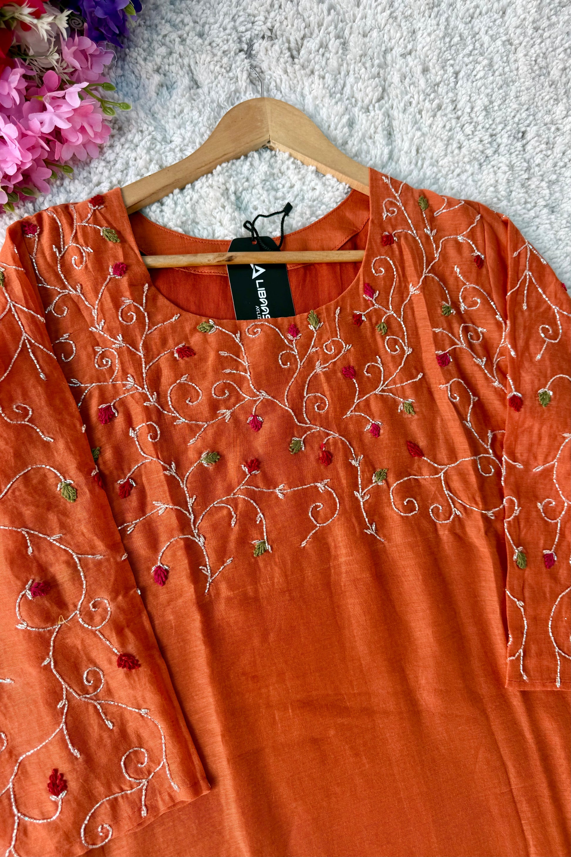 ✨AZ03 - Beautiful Rust Orange Mul Chanderi A Line Kurta set