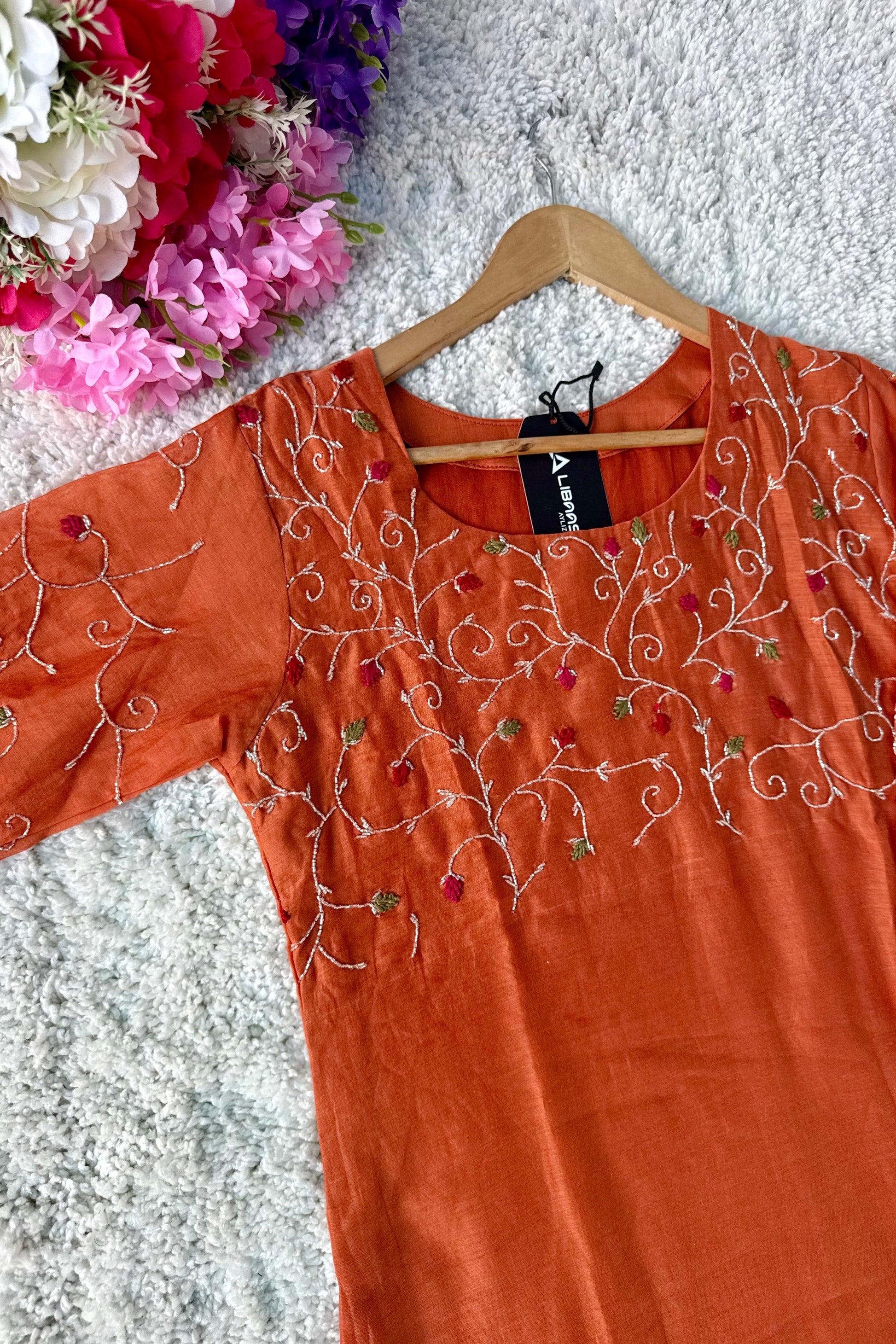 ✨AZ03 - Beautiful Rust Orange Mul Chanderi A Line Kurta set