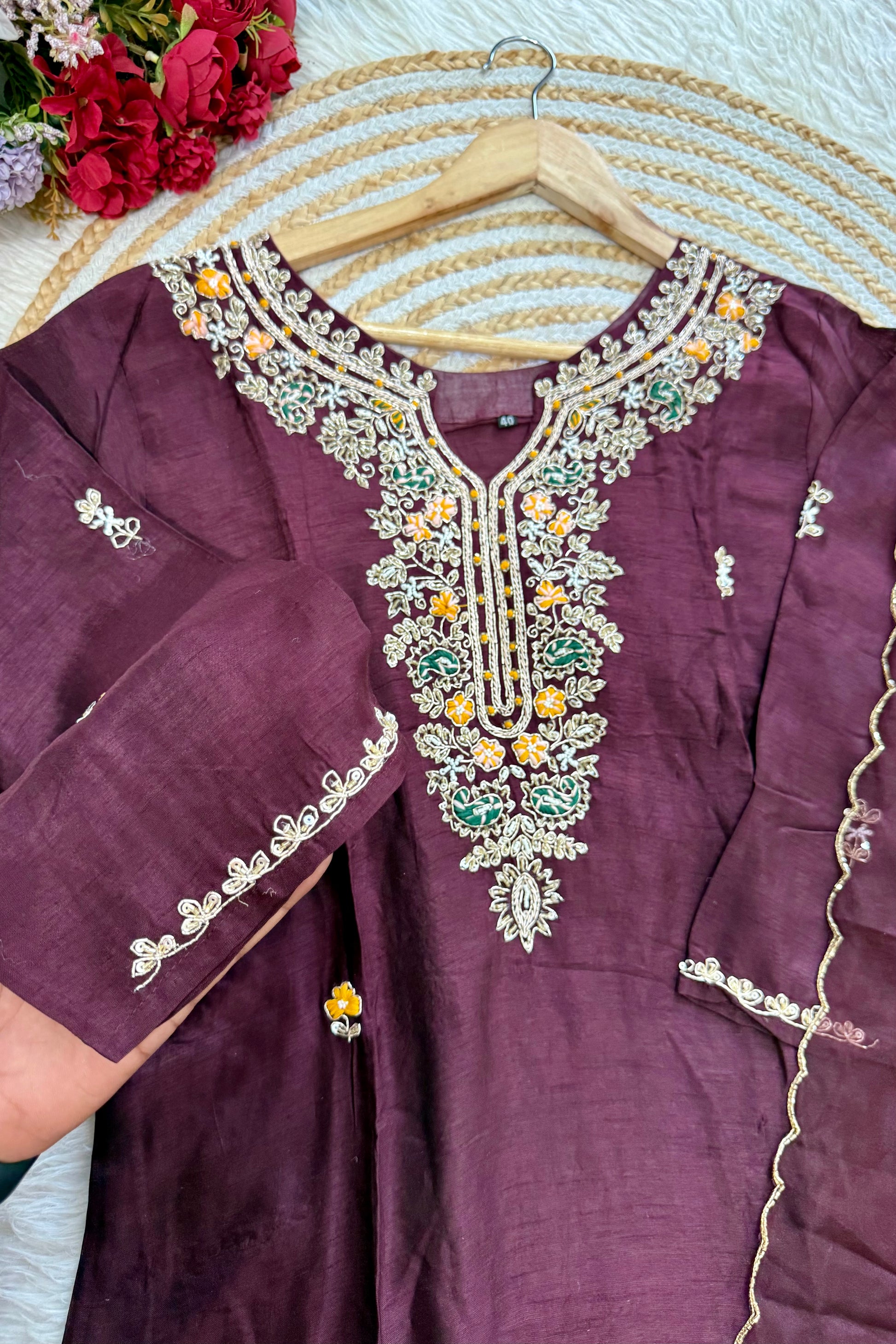 “ISHIKA” Brwon handcrafted dola silk kurti set