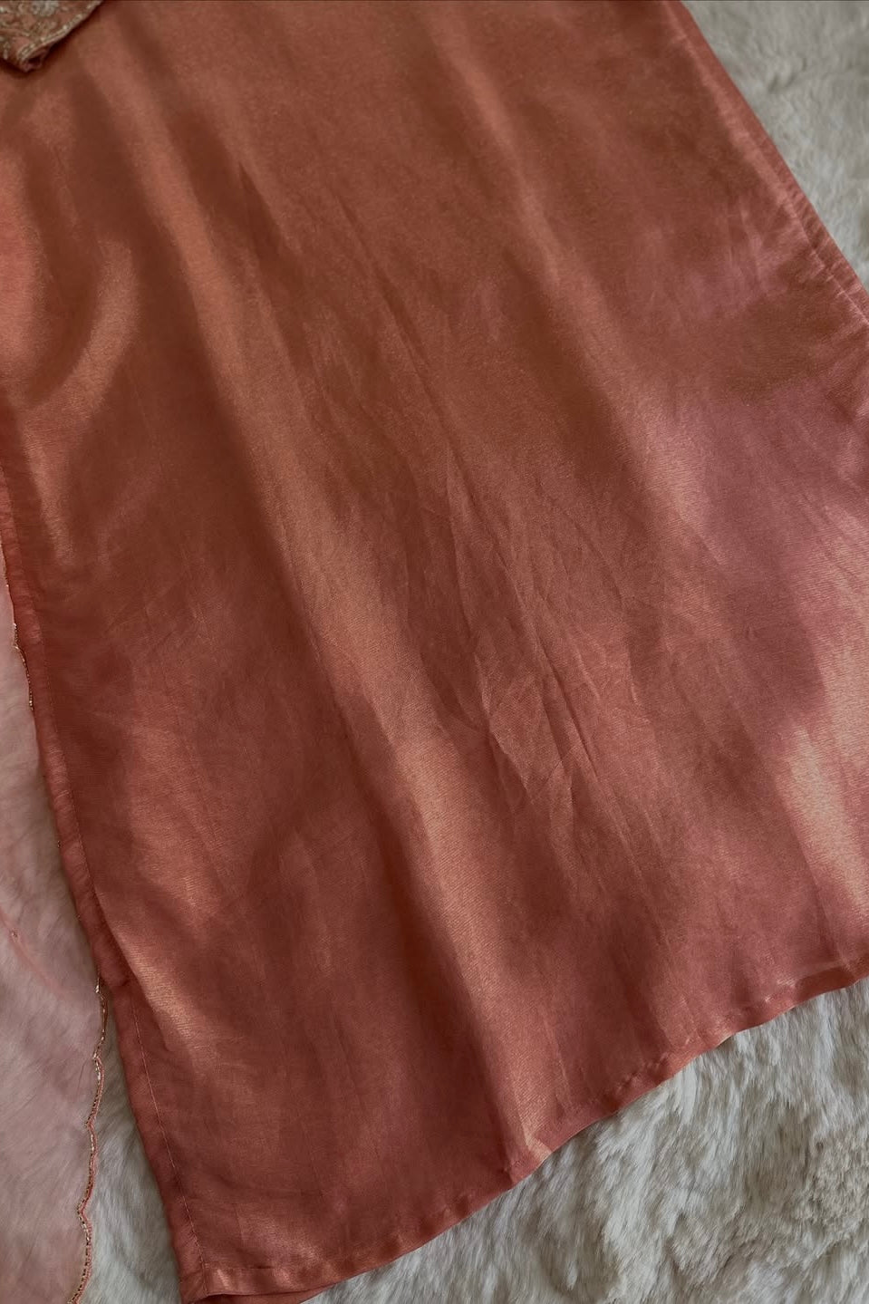 “Naayaab” Premium Peach Tissue silk handcrafted kurta set