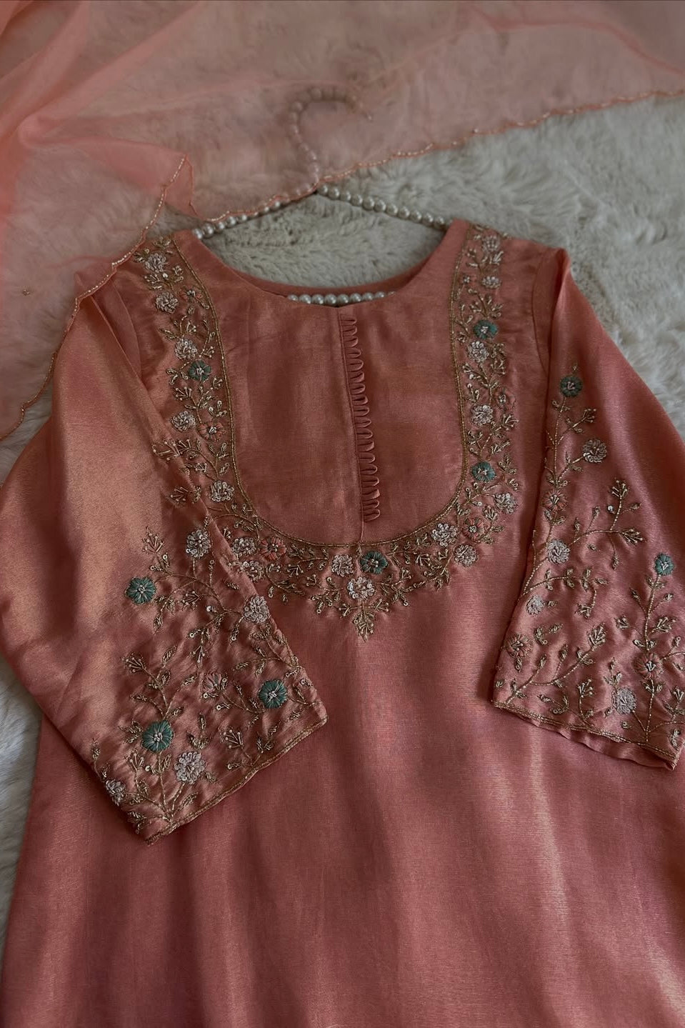 “Naayaab” Premium Peach Tissue silk handcrafted kurta set