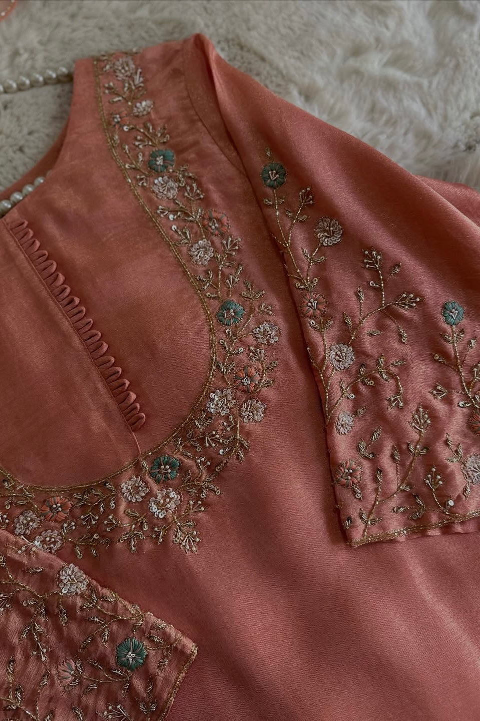“Naayaab” Premium Peach Tissue silk handcrafted kurta set