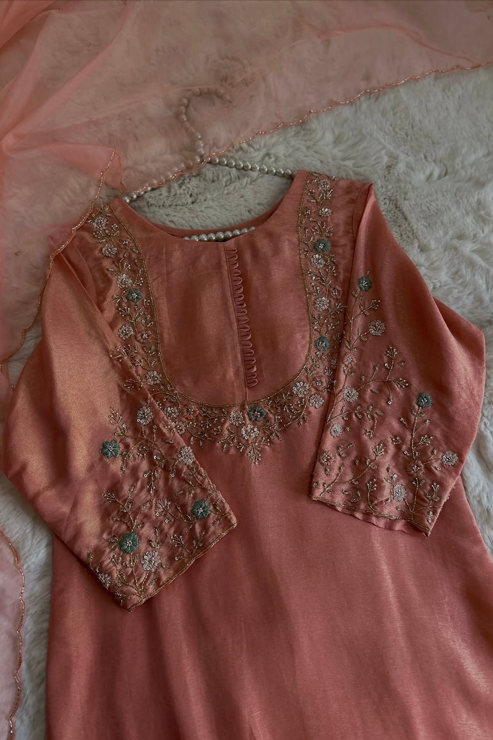 “Naayaab” Premium Peach Tissue silk handcrafted kurta set