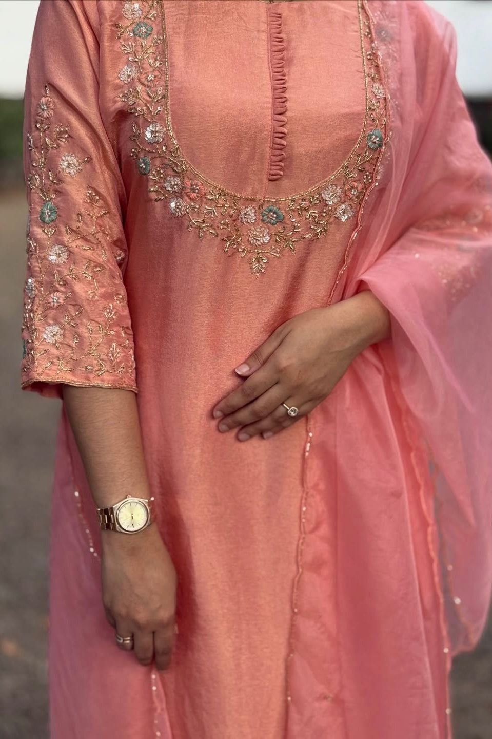 “Naayaab” Premium Peach Tissue silk handcrafted kurta set
