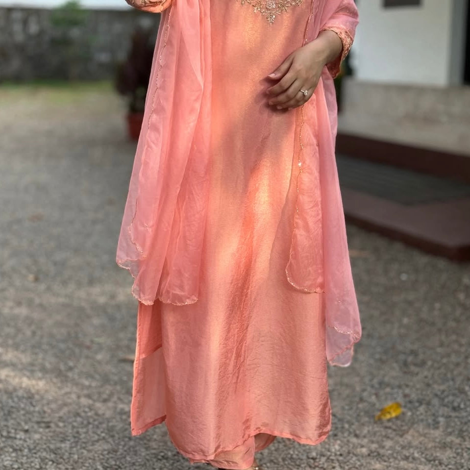 “Naayaab” Premium Peach Tissue silk handcrafted kurta set