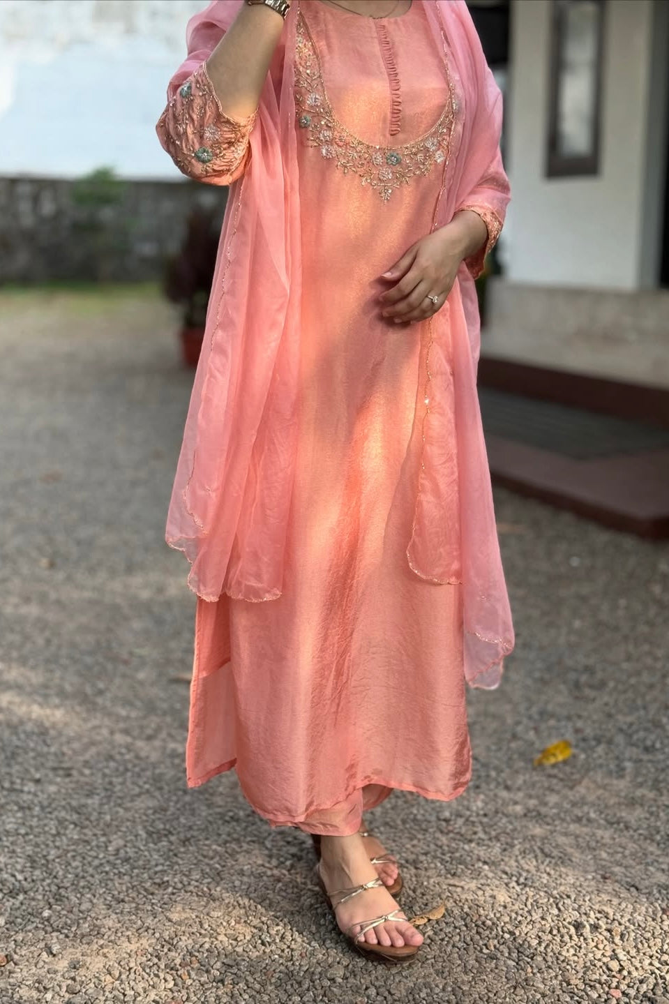 “Naayaab” Premium Peach Tissue silk handcrafted kurta set