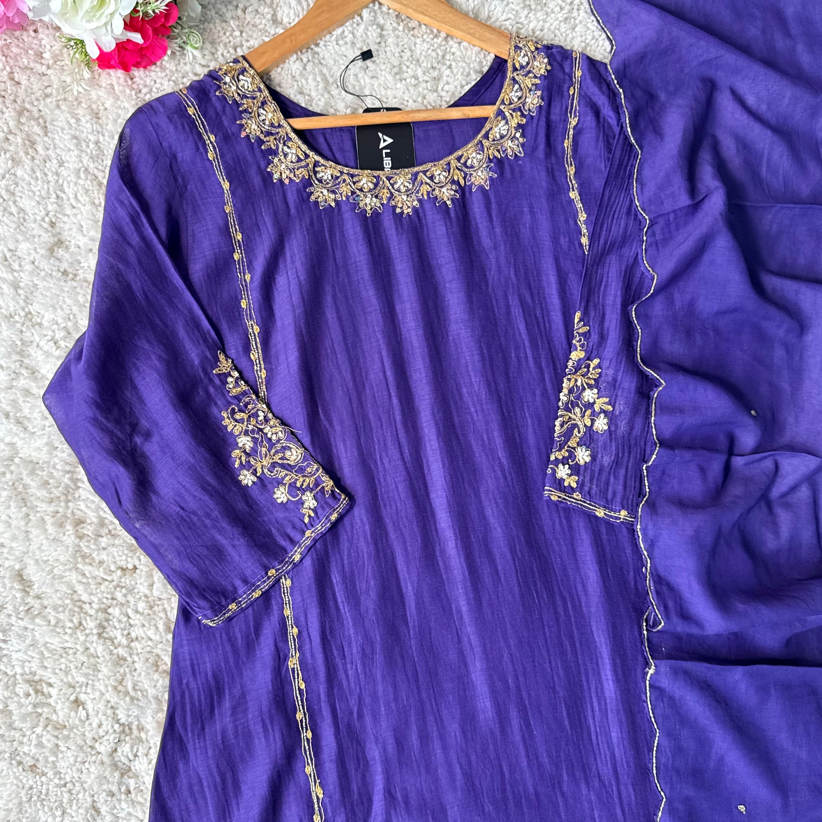 💕”Nayra – Premium Purpel Mul Chanderi A-Line Kurta Set