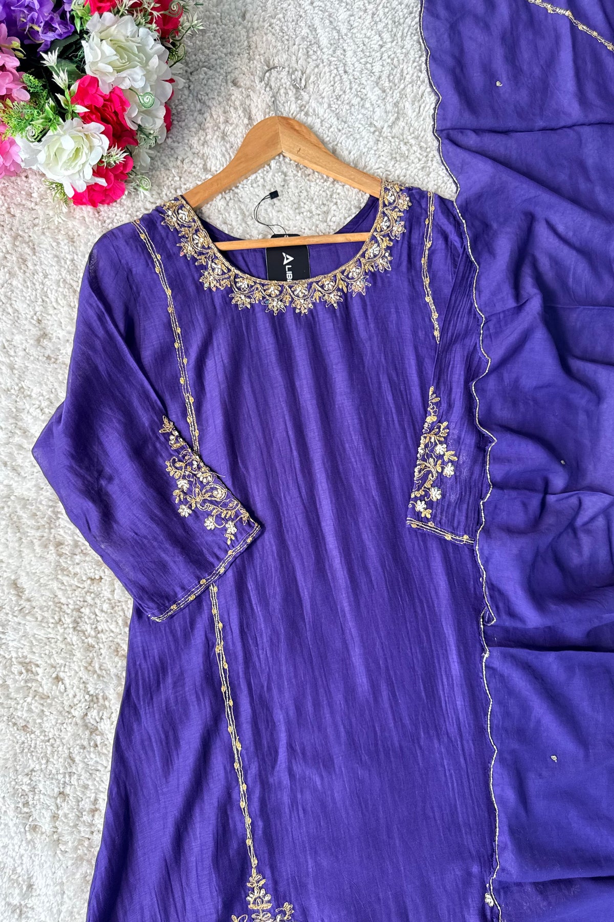 💕”Nayra – Premium Purpel Mul Chanderi A-Line Kurta Set