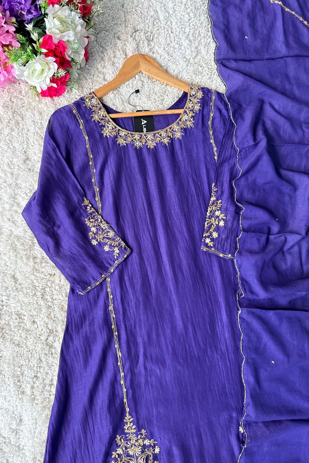 💕”Nayra – Premium Purpel Mul Chanderi A-Line Kurta Set