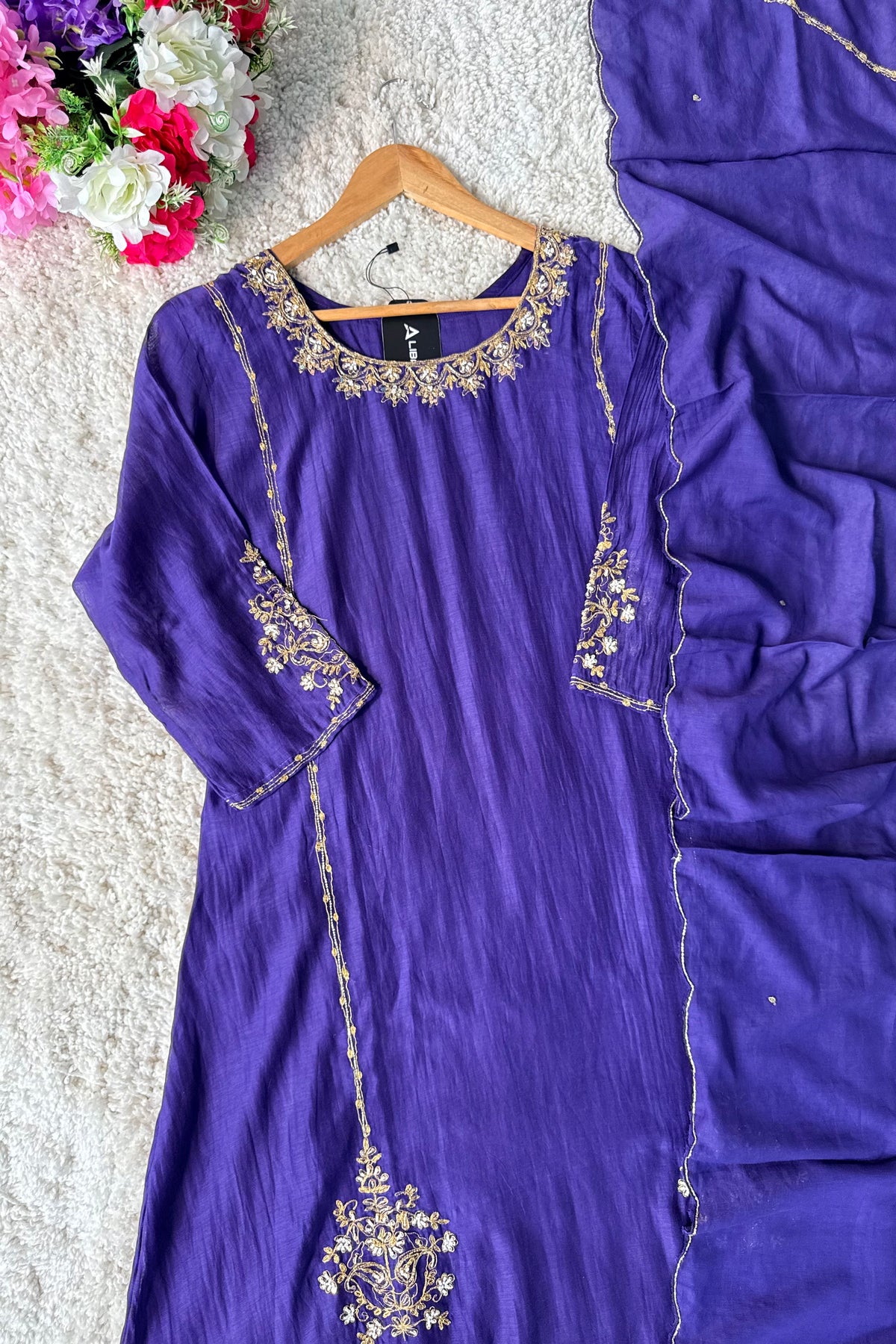 💕”Nayra – Premium Purpel Mul Chanderi A-Line Kurta Set