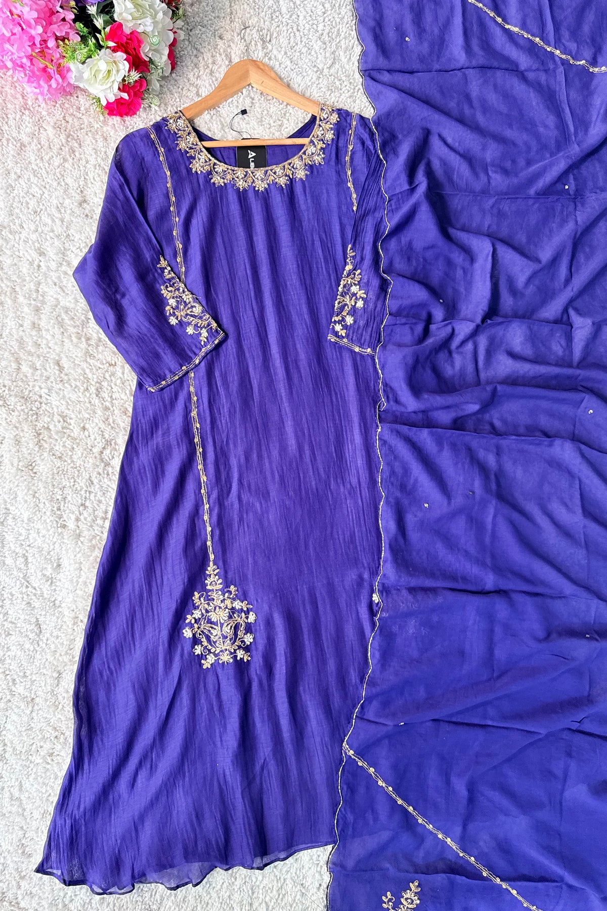 💕”Nayra – Premium Purpel Mul Chanderi A-Line Kurta Set