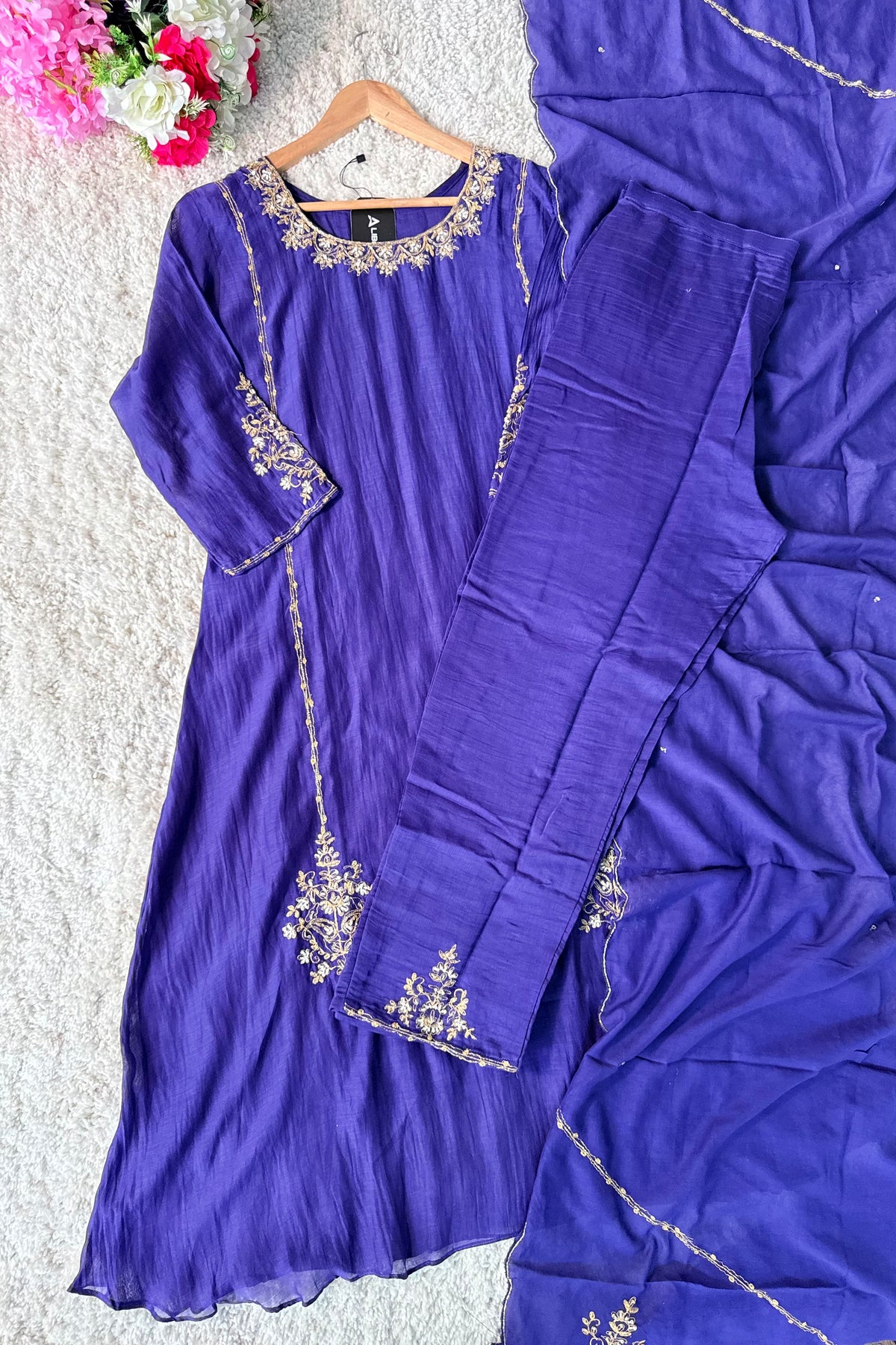 💕”Nayra – Premium Purpel Mul Chanderi A-Line Kurta Set