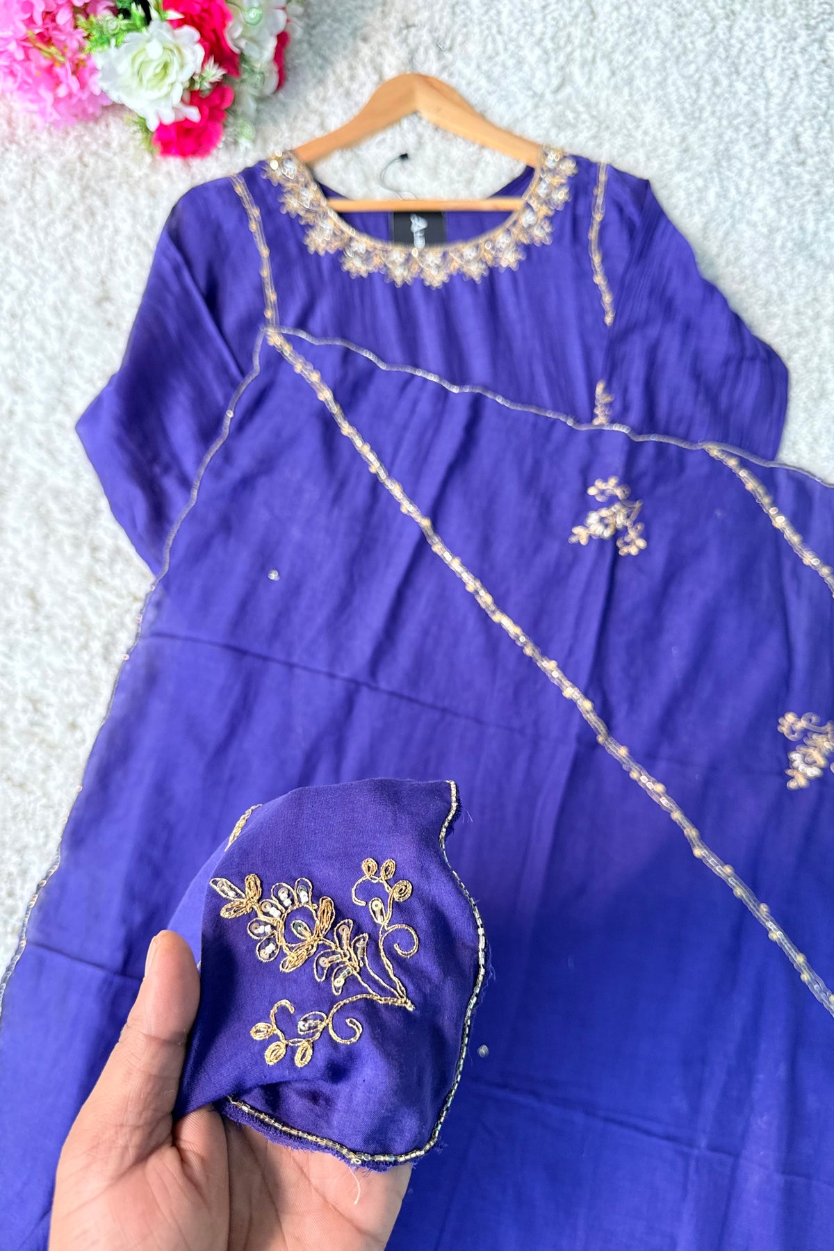 💕”Nayra – Premium Purpel Mul Chanderi A-Line Kurta Set