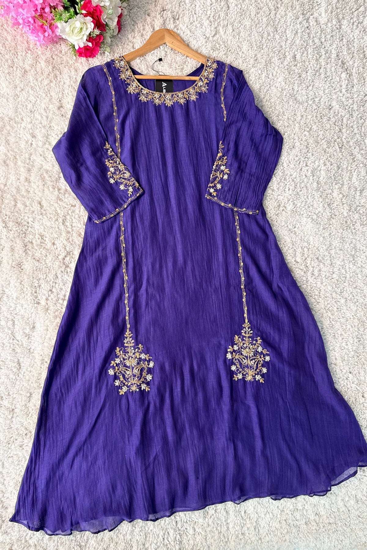 💕”Nayra – Premium Purpel Mul Chanderi A-Line Kurta Set