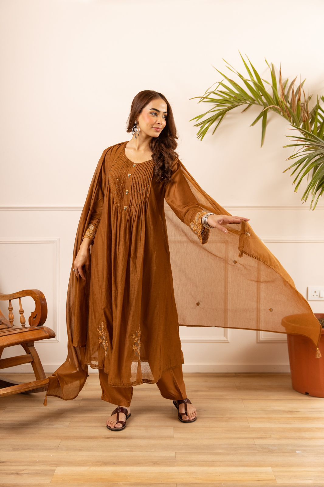 ✨Az01- Brown Kota Cotton Embroidered Anarkali Kurta Set