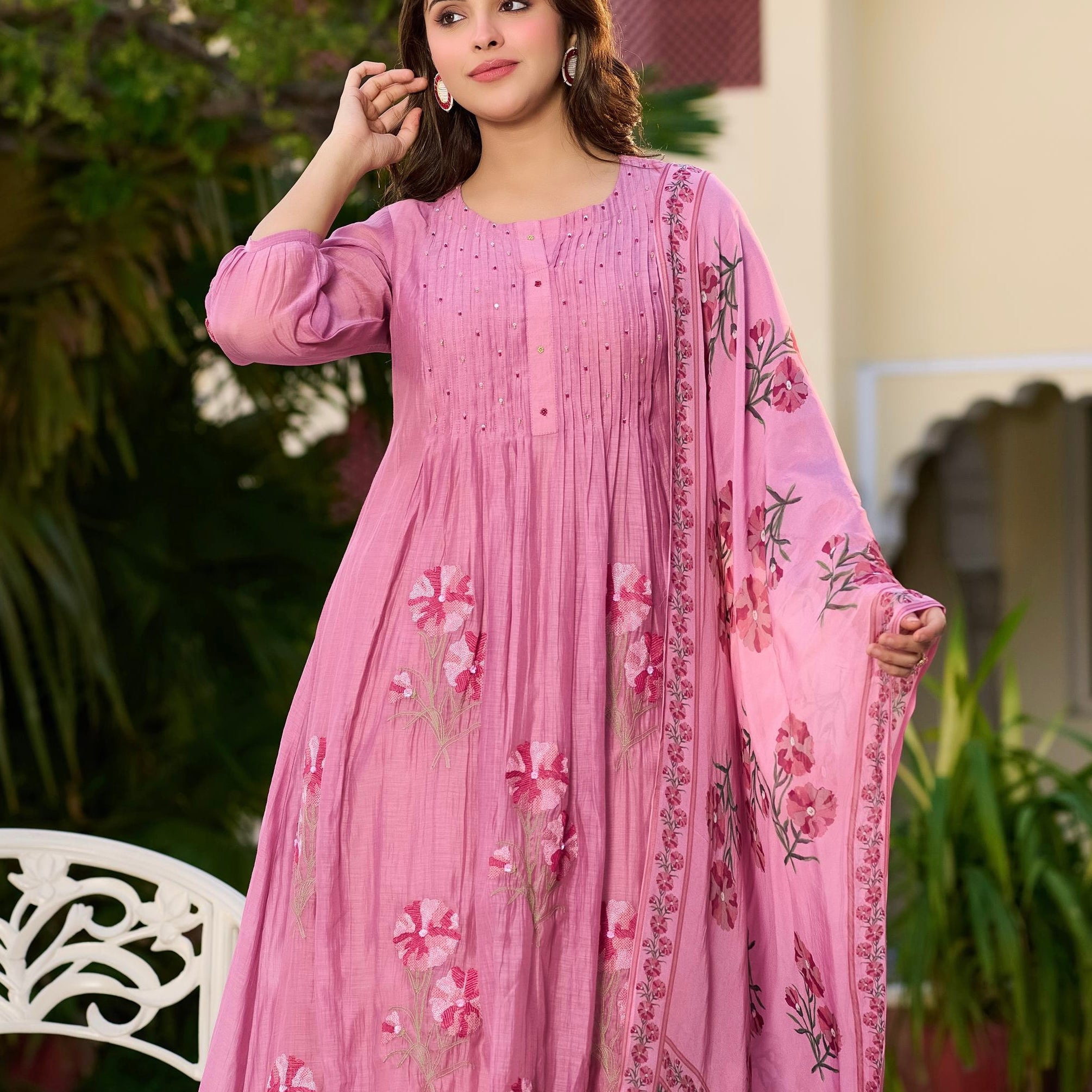 ✨Gulnaar- Rose Pink Mul Chanderi Embroidered Anarkali Kurta Set