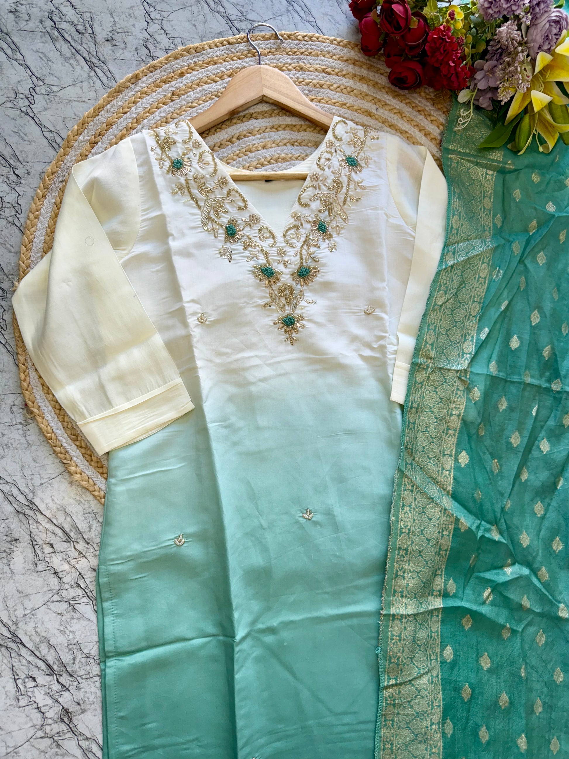 "VC" Latast Roman silk ombre kurti bottom with dupatta set