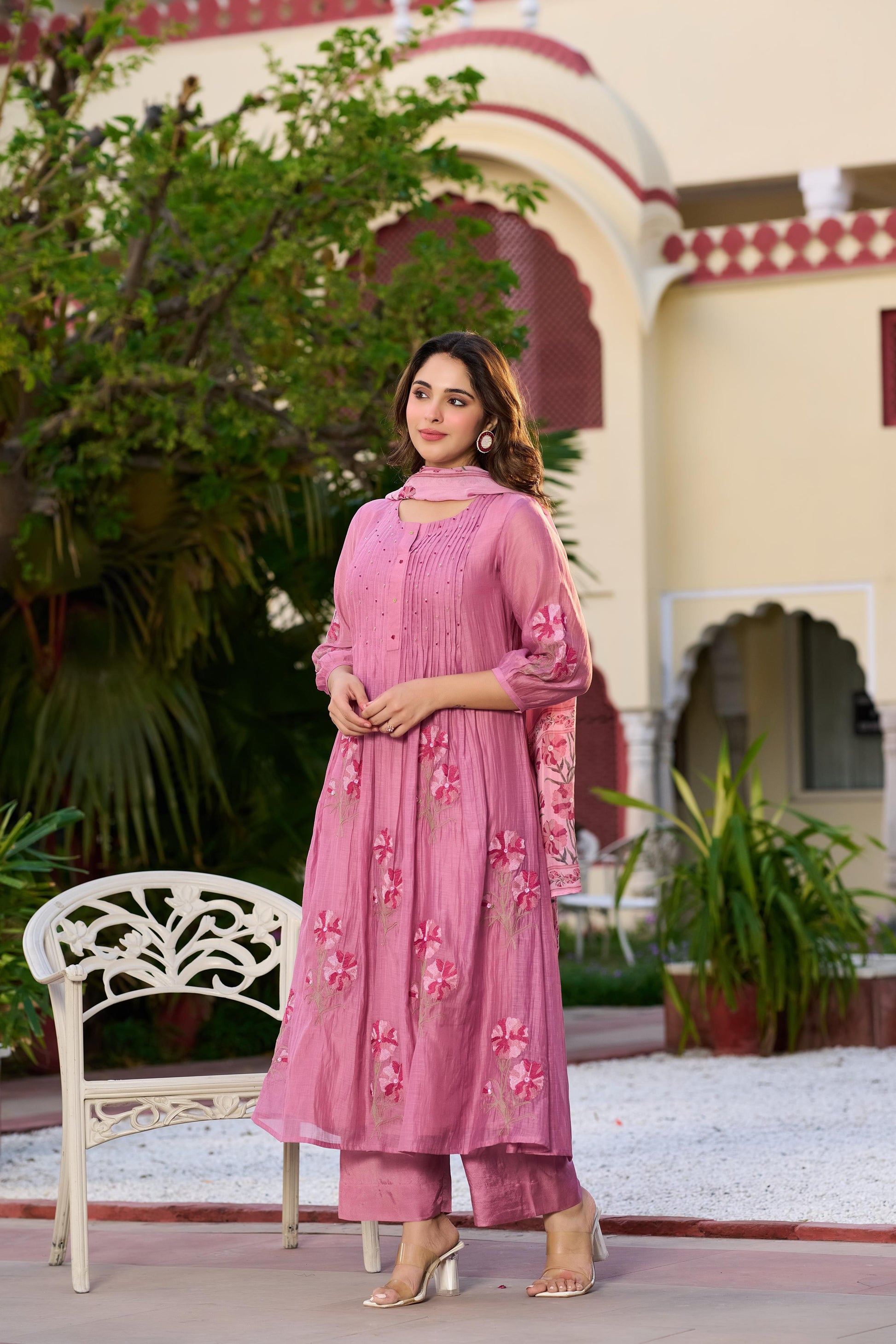 ✨Gulnaar- Rose Pink Mul Chanderi Embroidered Anarkali Kurta Set
