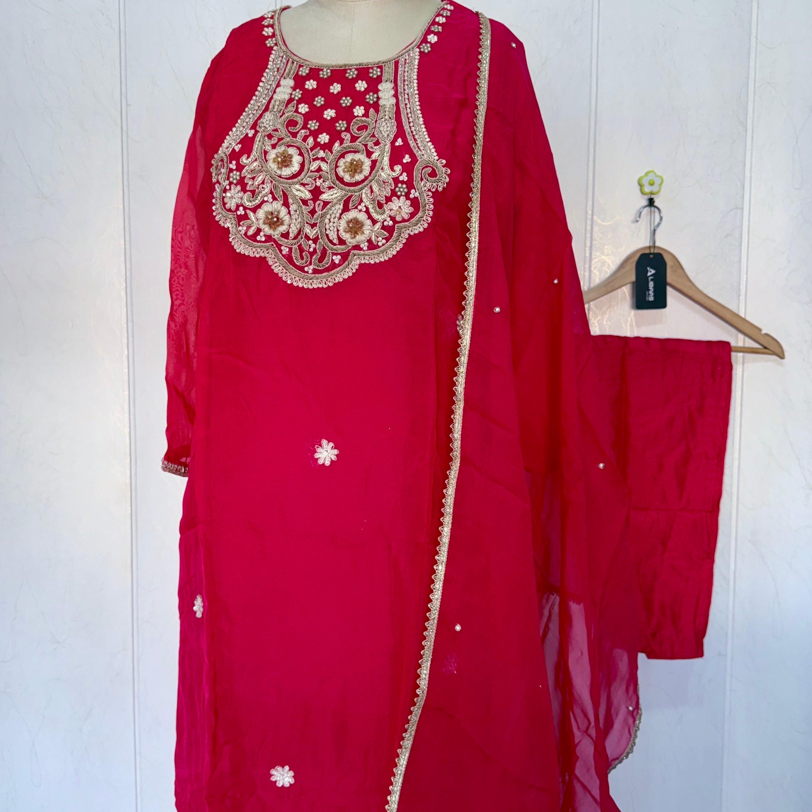 “Farah” party wear pink shade chinnon handwork set