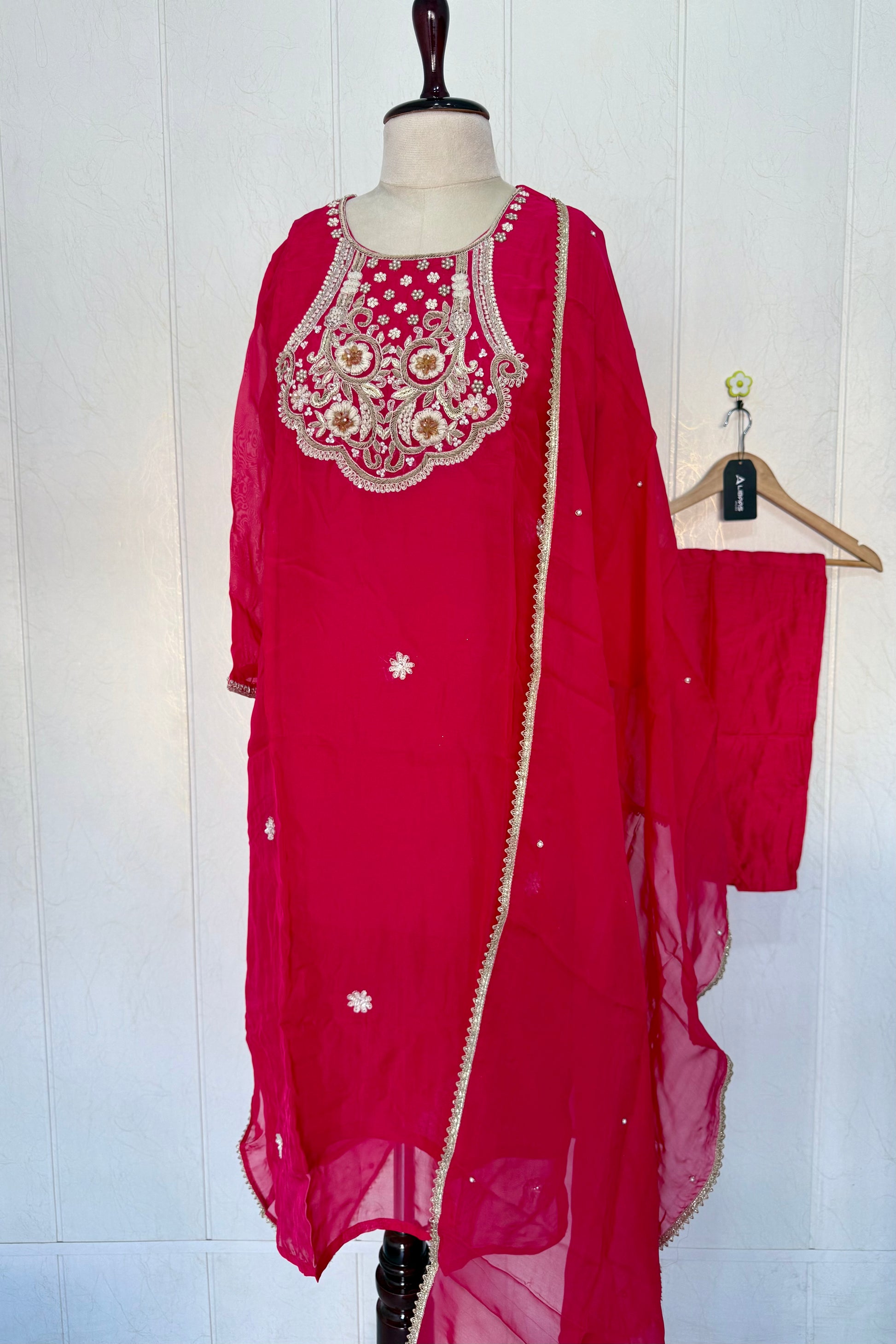 “Farah” party wear pink shade chinnon handwork set