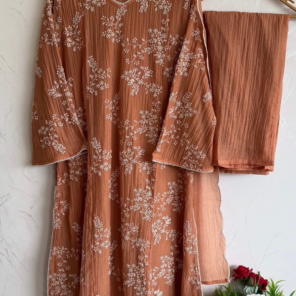 “Elina” Peach Imported Crushed A Line Suit set 🛍️