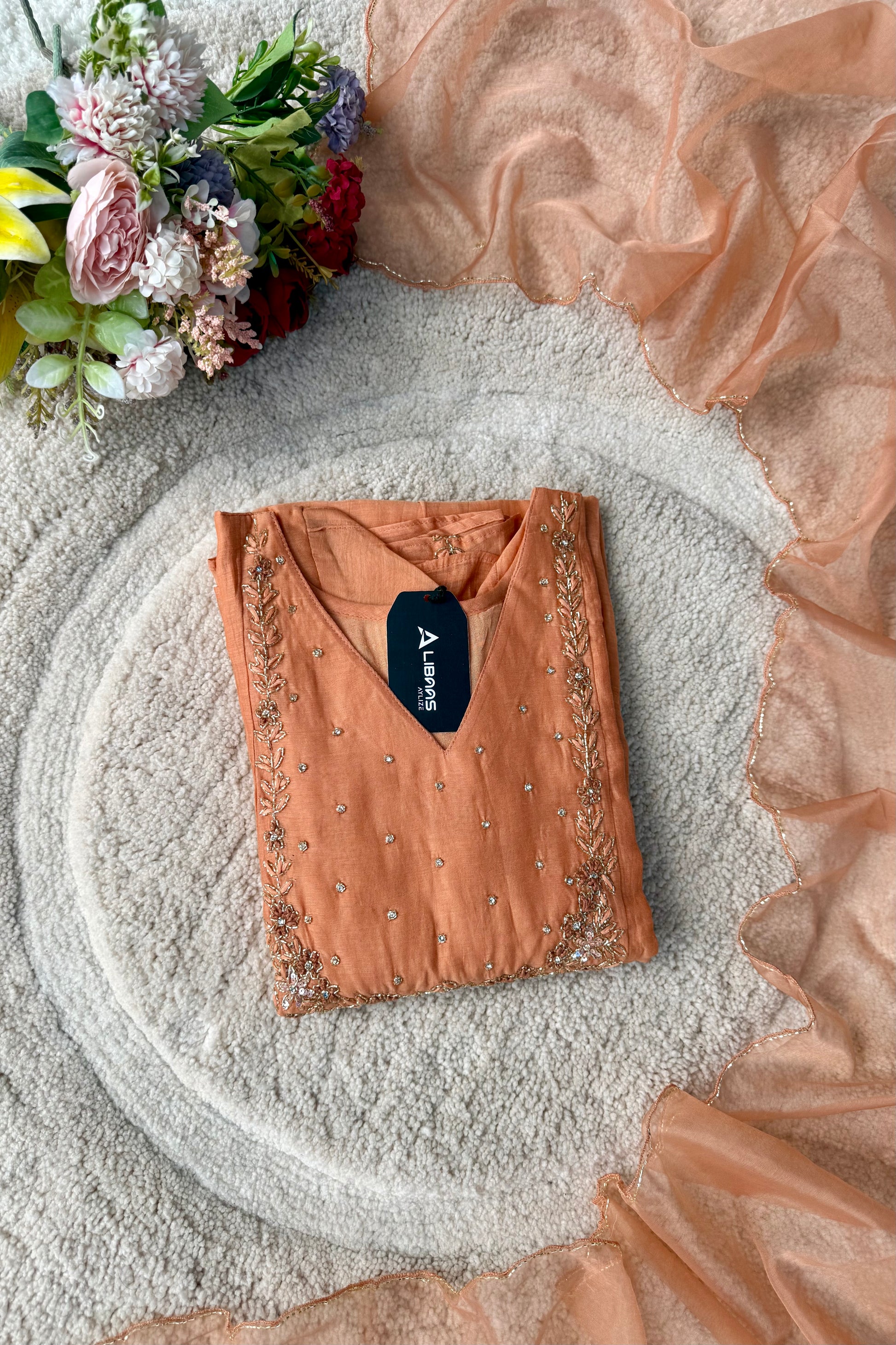 “Ayza” Premium Peach Mul Chanderi A Line Suit set 🛍️
