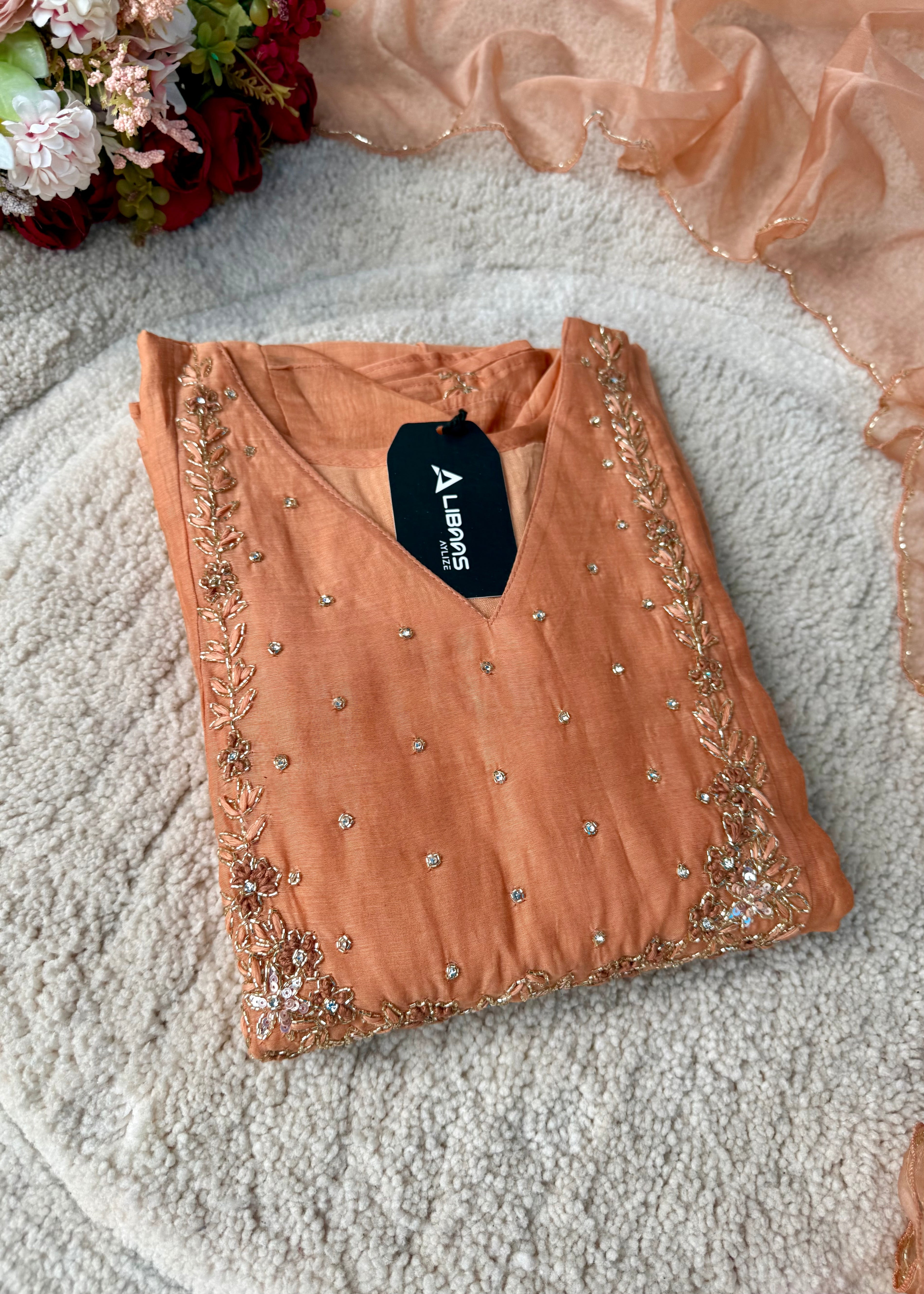 “Ayza” Premium Peach Mul Chanderi A Line Suit set 🛍️