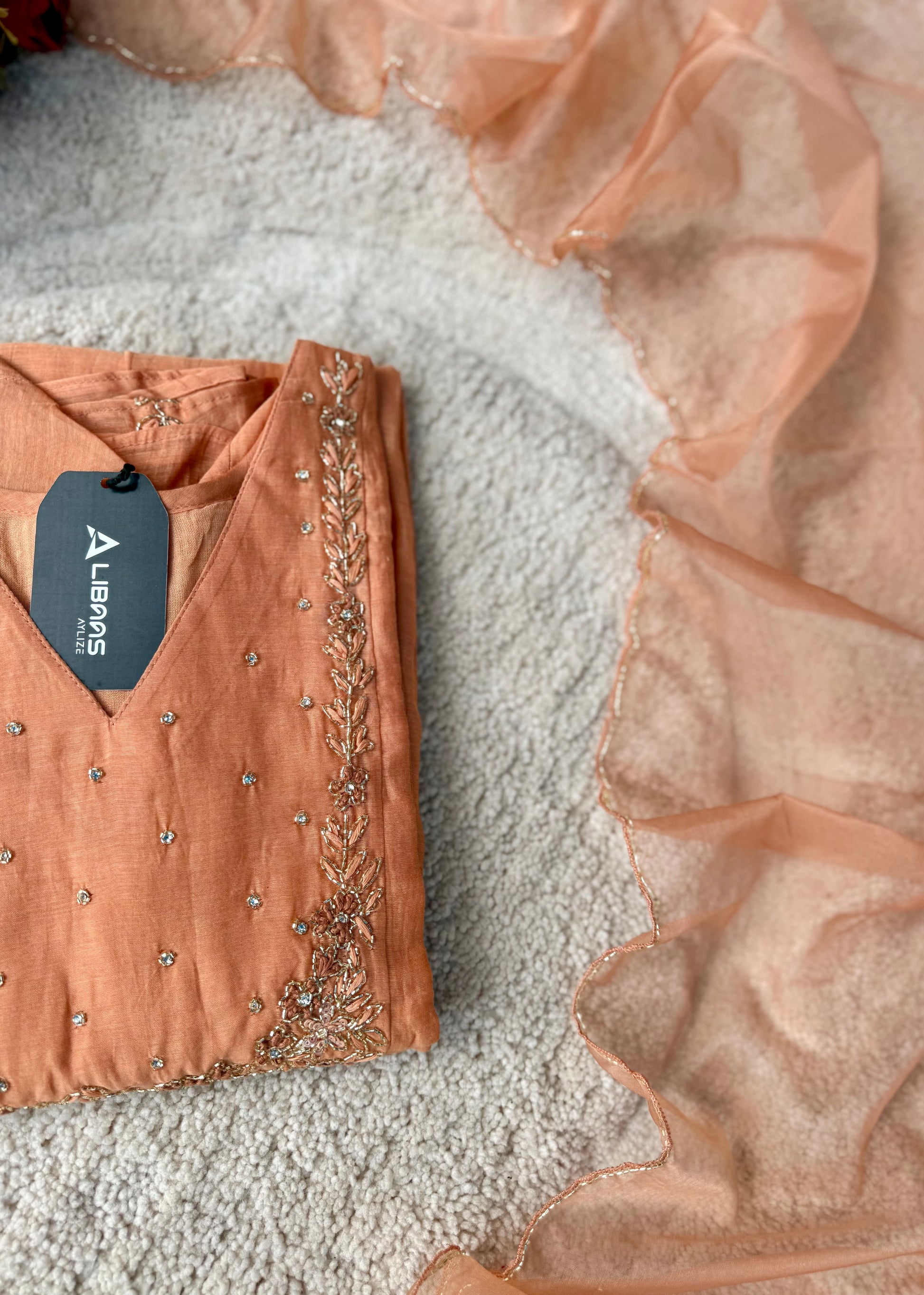 “Ayza” Premium Peach Mul Chanderi A Line Suit set 🛍️