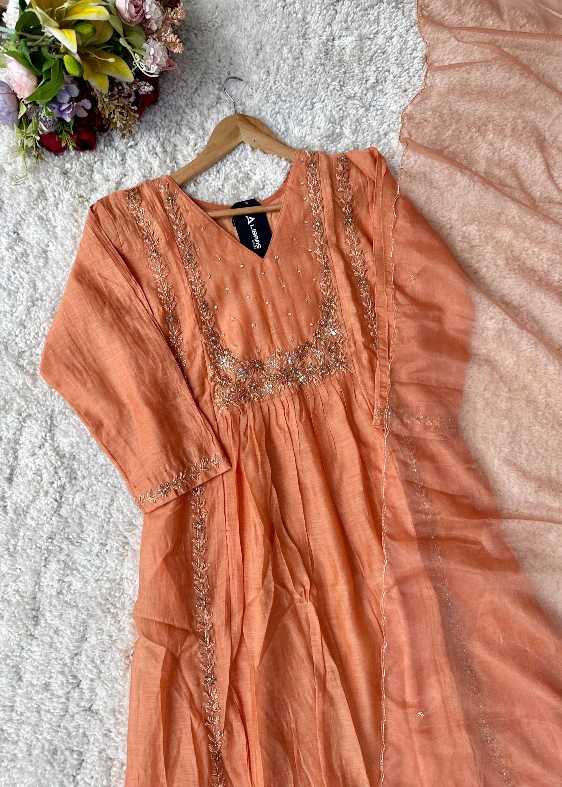 “Ayza” Premium Peach Mul Chanderi A Line Suit set 🛍️