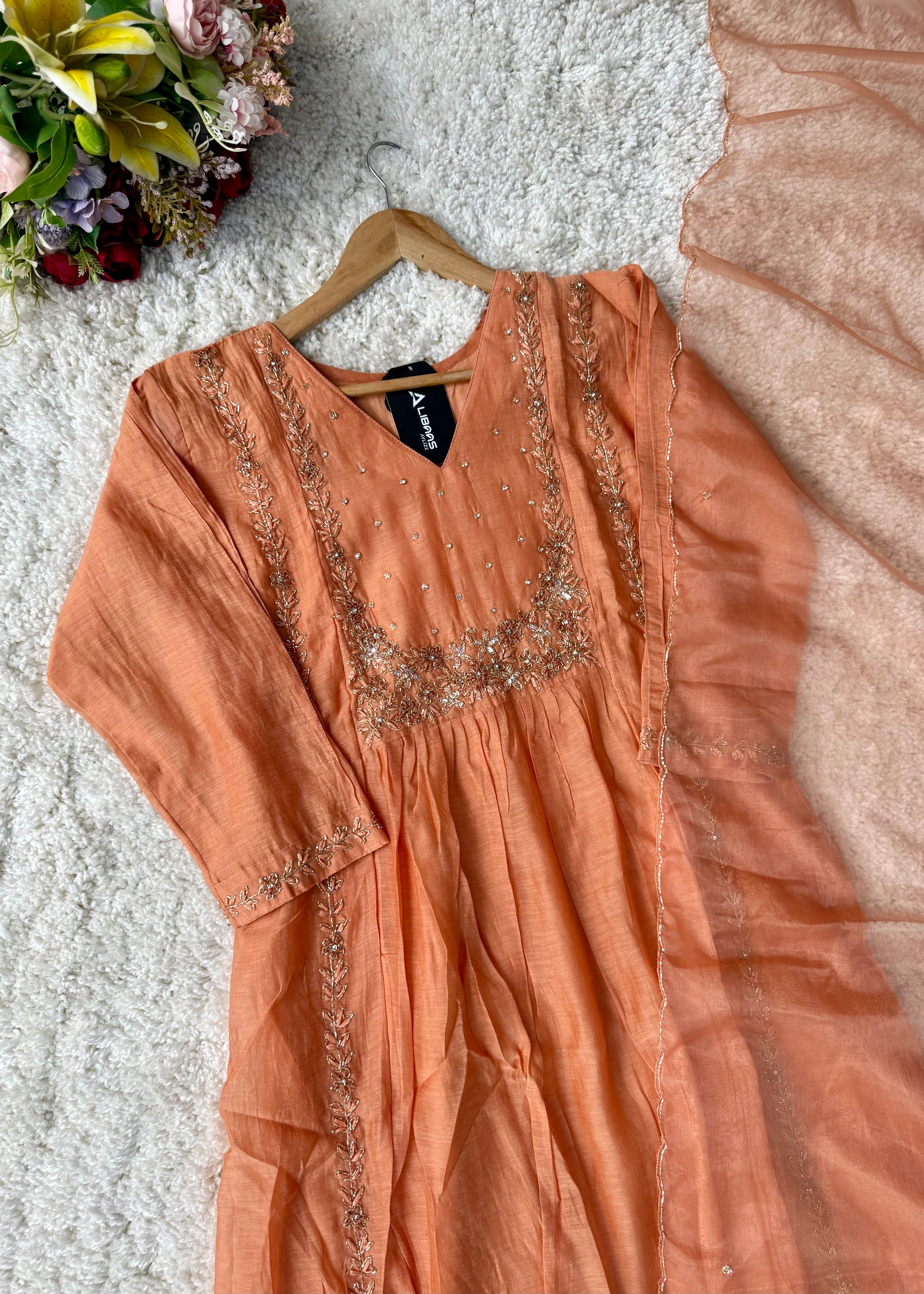 “Ayza” Premium Peach Mul Chanderi A Line Suit set 🛍️