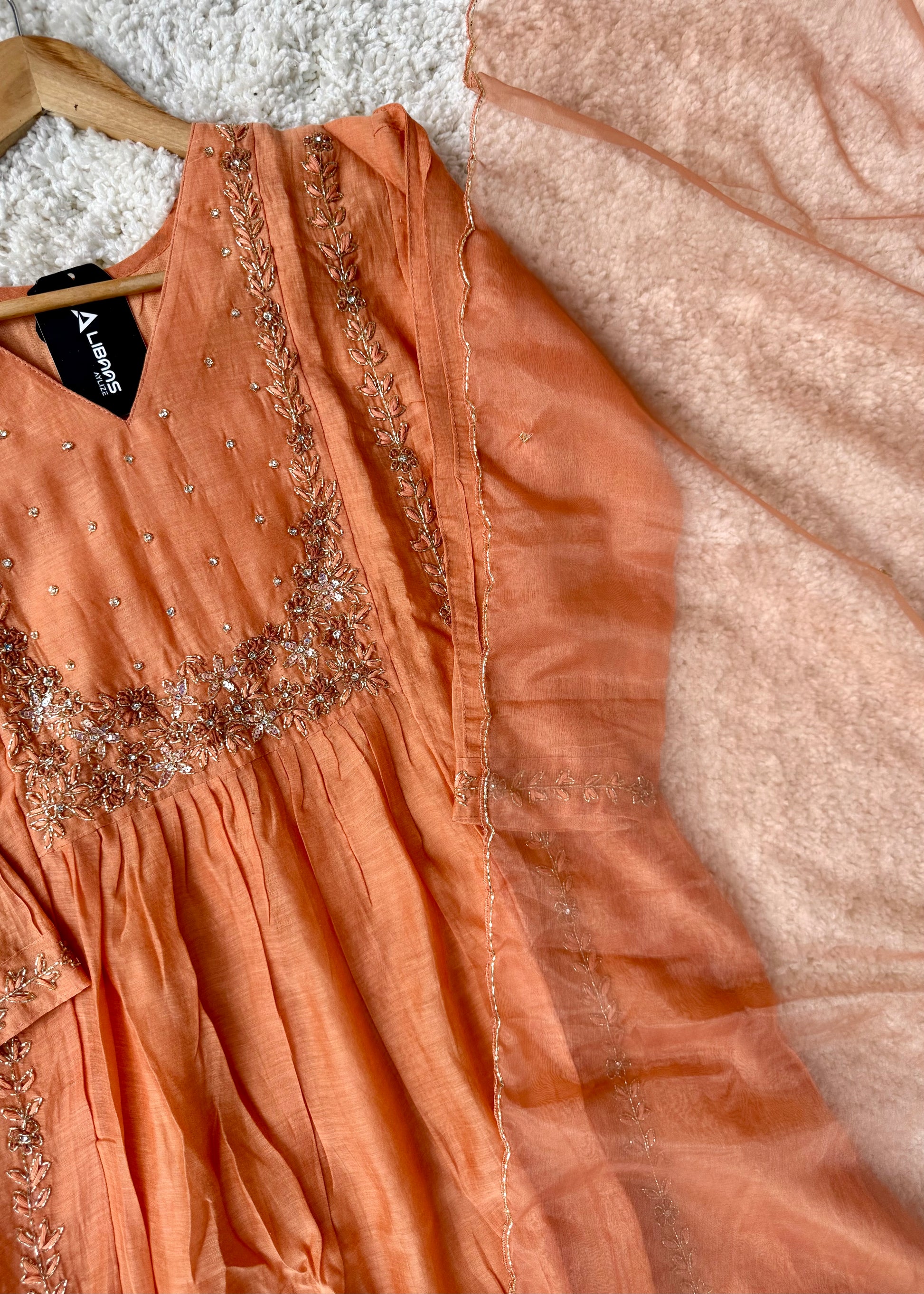 “Ayza” Premium Peach Mul Chanderi A Line Suit set 🛍️