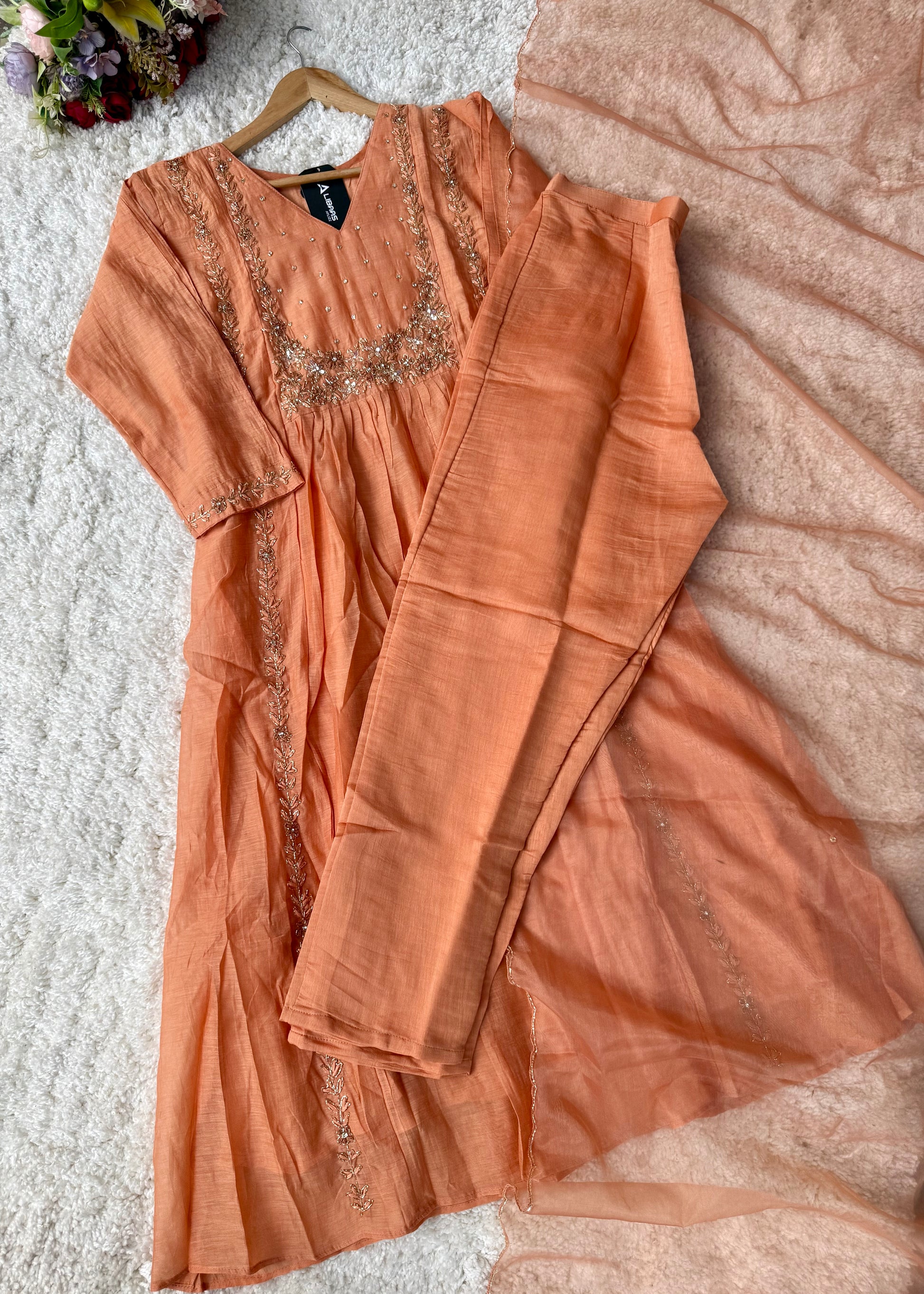 “Ayza” Premium Peach Mul Chanderi A Line Suit set 🛍️