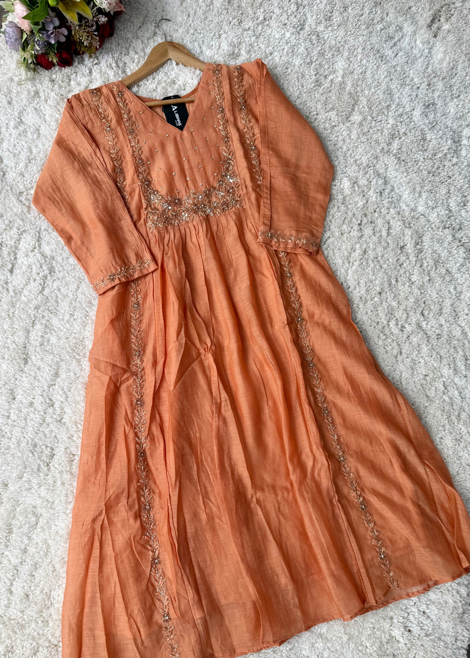 “Ayza” Premium Peach Mul Chanderi A Line Suit set 🛍️