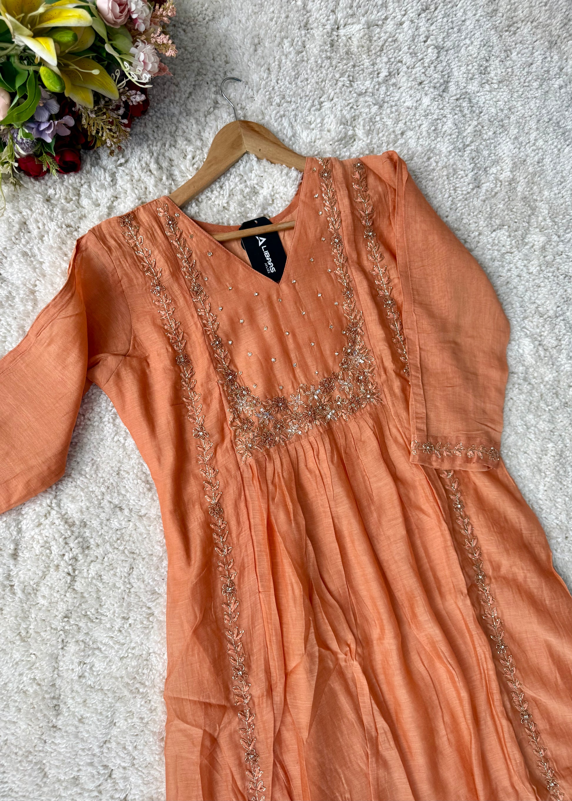 “Ayza” Premium Peach Mul Chanderi A Line Suit set 🛍️