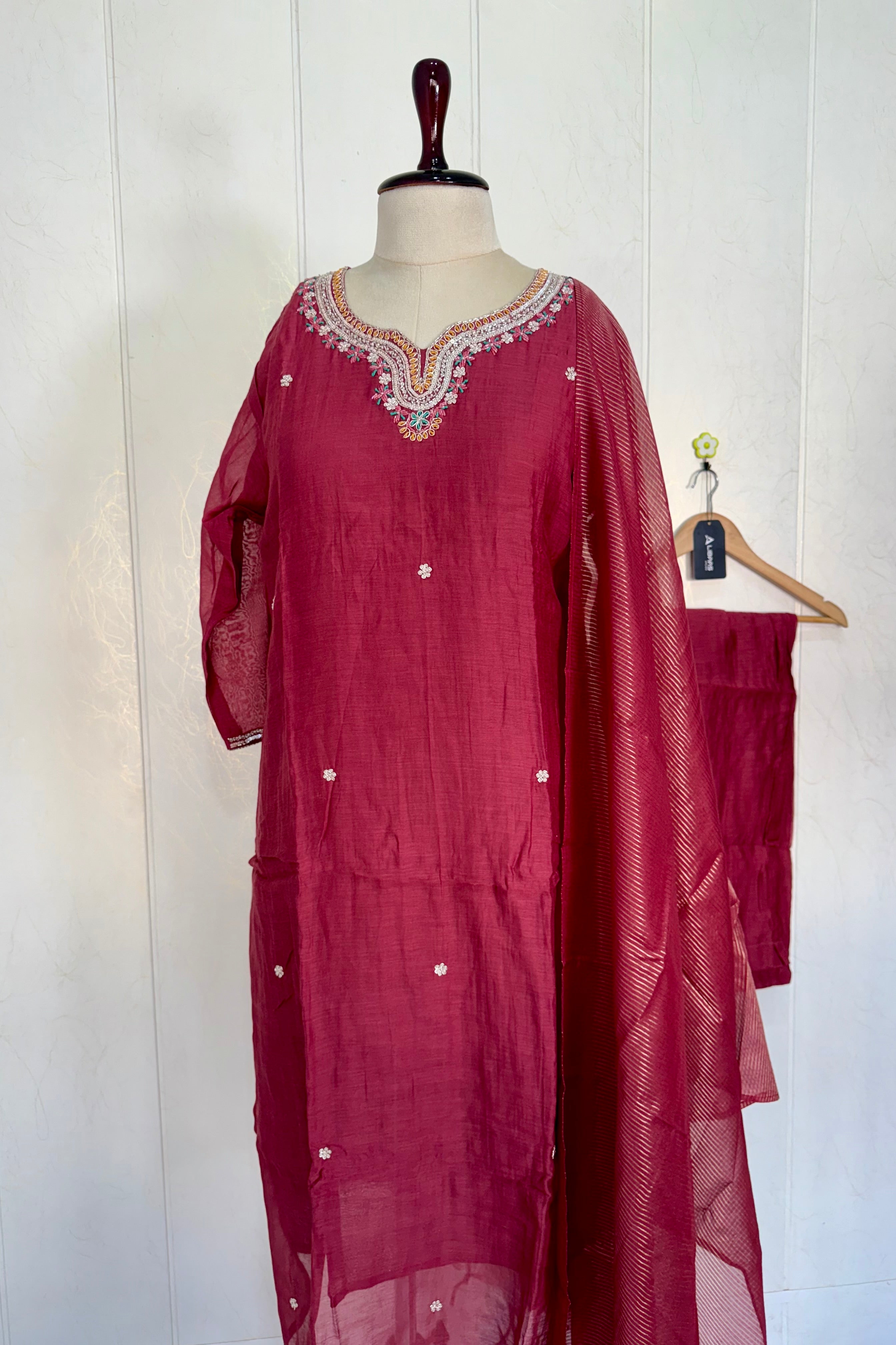“Bindiya” Deep Rose Mul Chanderi handwork kurta set