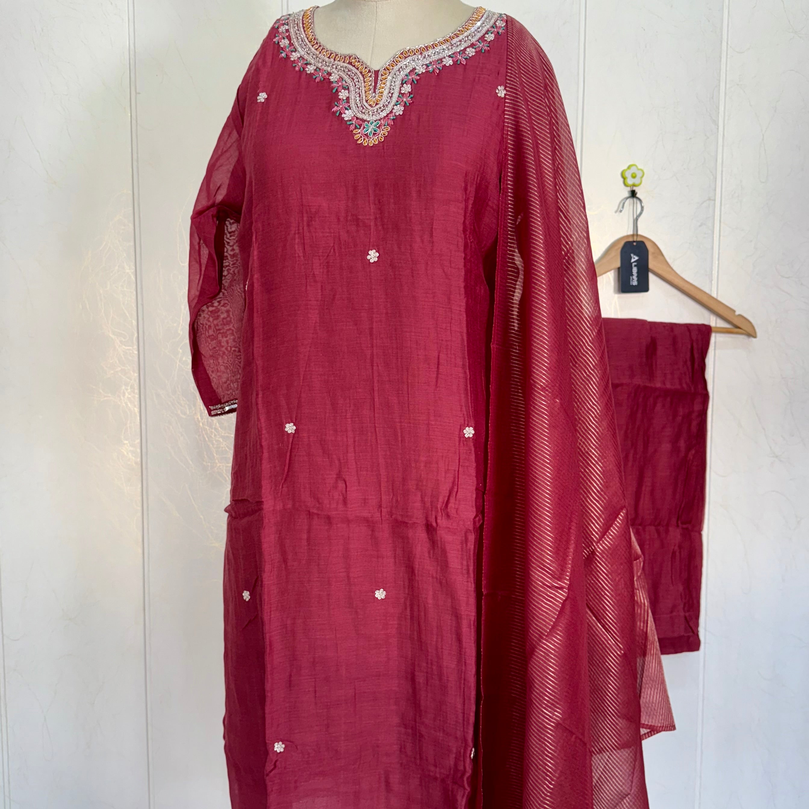 “Bindiya” Deep Rose Mul Chanderi handwork kurta set