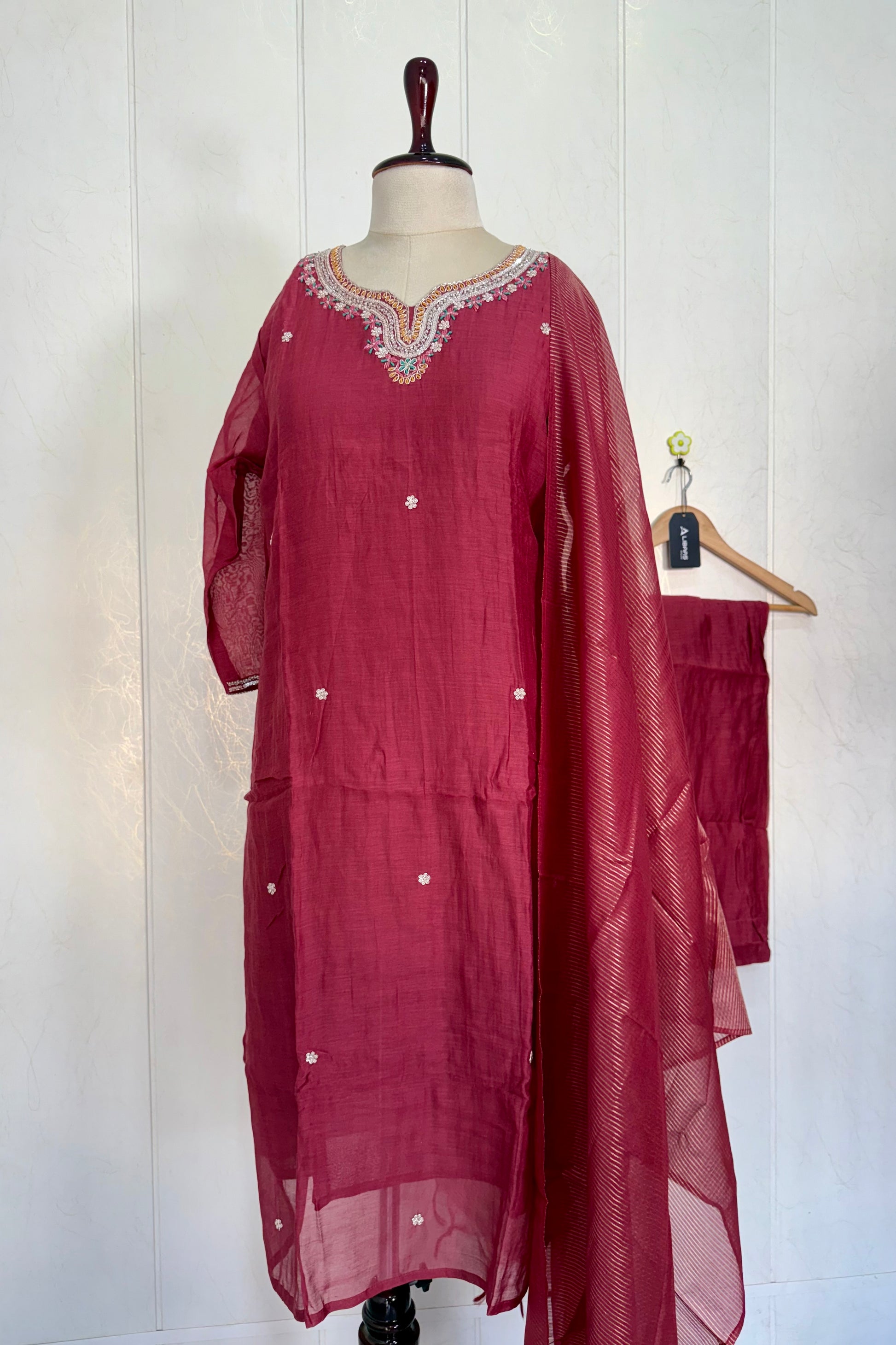 “Bindiya” Deep Rose Mul Chanderi handwork kurta set
