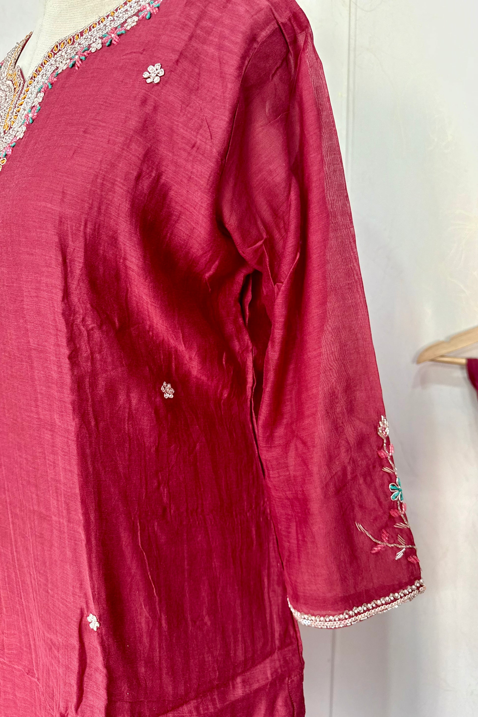 “Bindiya” Deep Rose Mul Chanderi handwork kurta set