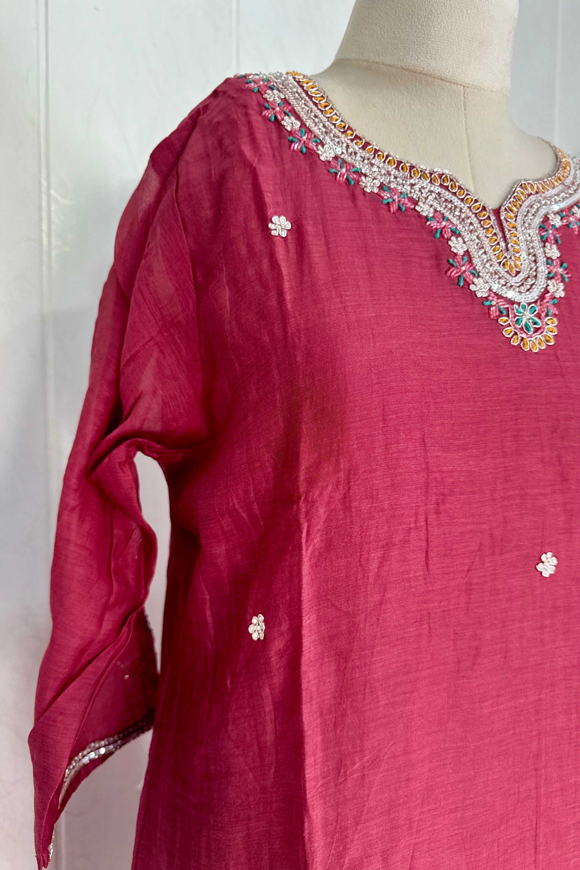 “Bindiya” Deep Rose Mul Chanderi handwork kurta set